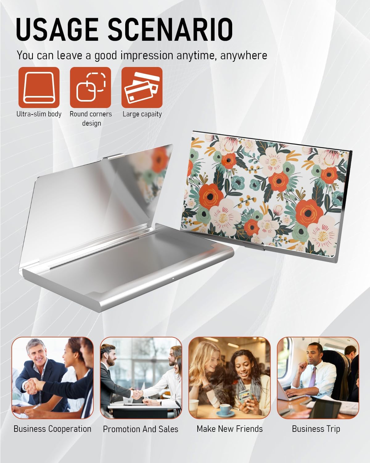 Business Card Metal Slim Organizer, Professional Stainless Steel Square Pocket Wallet for Office Workers, Compact and Portable for Pockets (Retro Flowers)