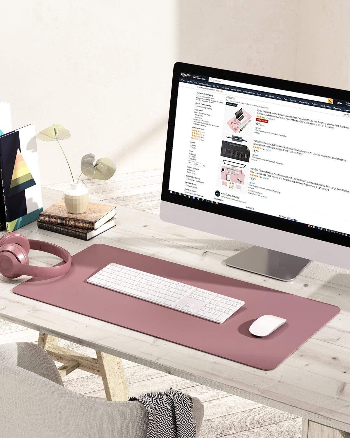 YSAGi Non-Slip Leather Desk Pad Blotter, Waterproof Laptop Computer Desk Keyboard Mat, Table Protector Mat, Large Mouse Pad for Office/Work/Home/Decor(Dark Pink, 31.5" x 15.7")