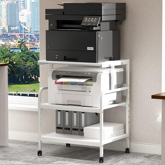 Large Printer Stand with Storage Shelf, 23.6" W x 18.9" D Printer Cart with Wheels, 3 Tier Mobile Printer Table for Home Office,Stands for Heat Press Scanner Fax (White)