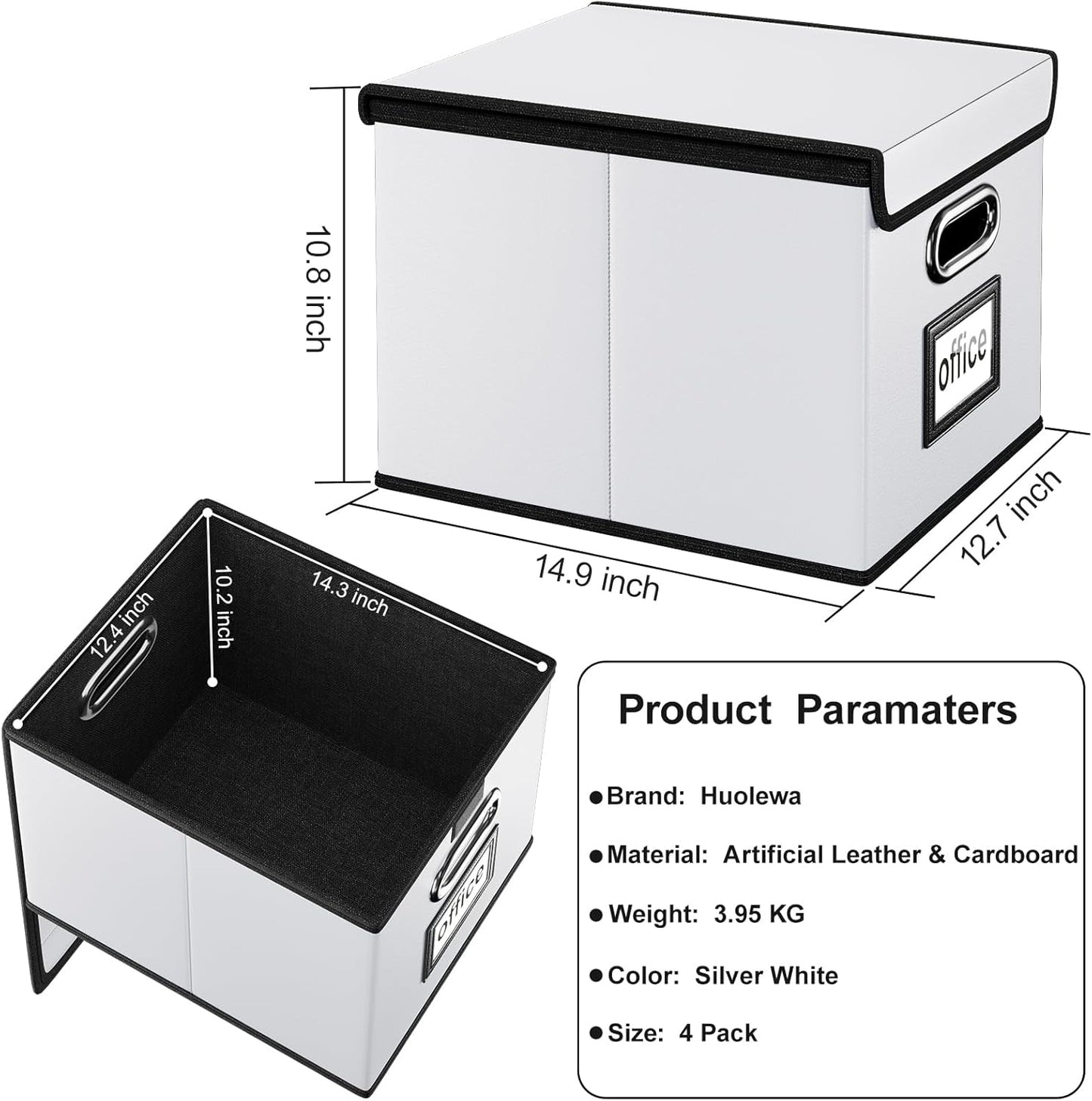 Huolewa Portable Leather File Organizer Boxes with Lids, Office Document Boxes Organizer, Filing Boxes, Decorative Small File Boxes for Hanging Files, File Cabinet for Office/Home - 4 Pack