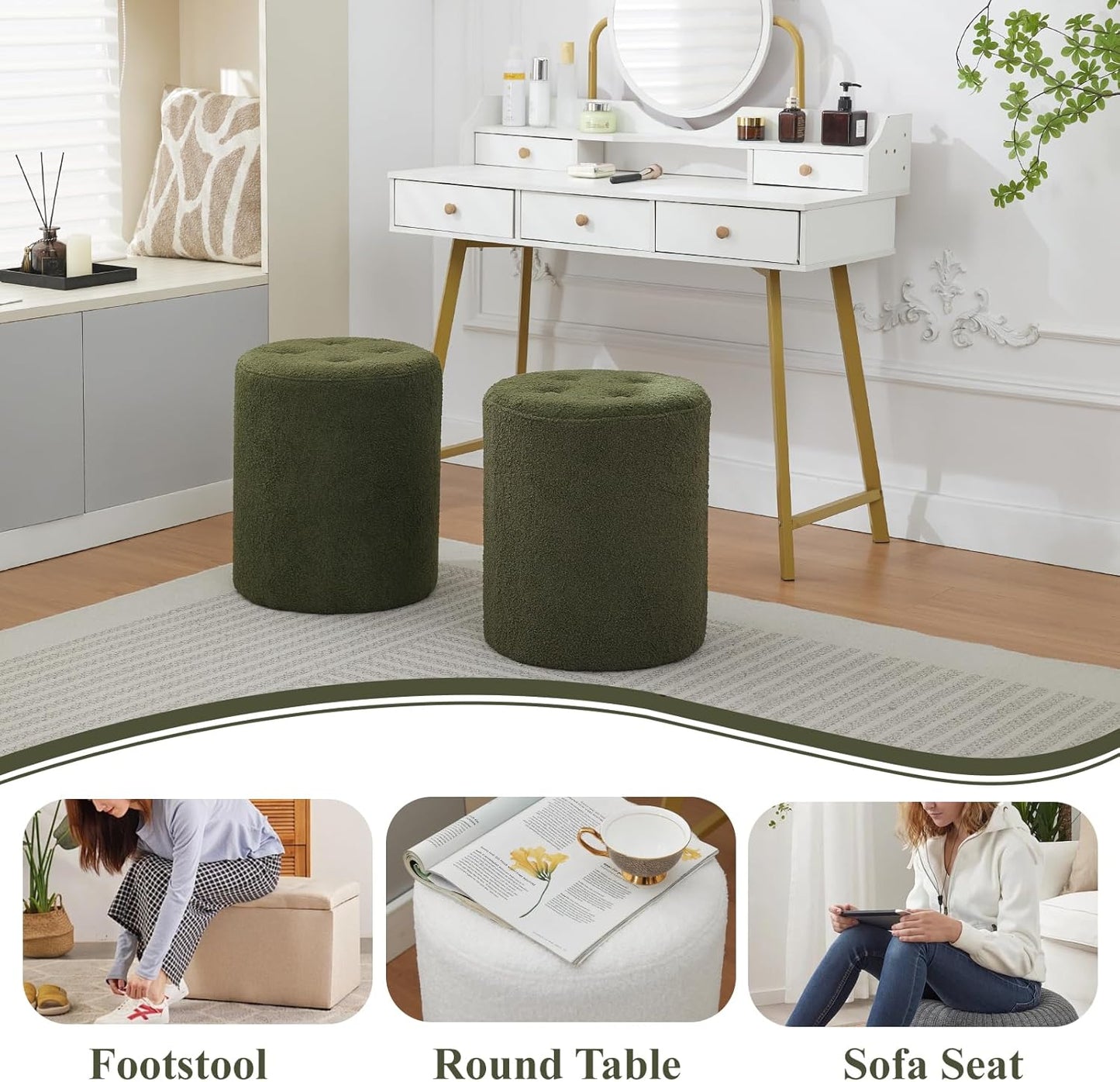 Modern Round Ottoman, Button-Tufted Foot Stool Ottoman, Teddy Fleece Upholstered Vanity Stool for Makeup, Bedroom, Living Room, Dark Green