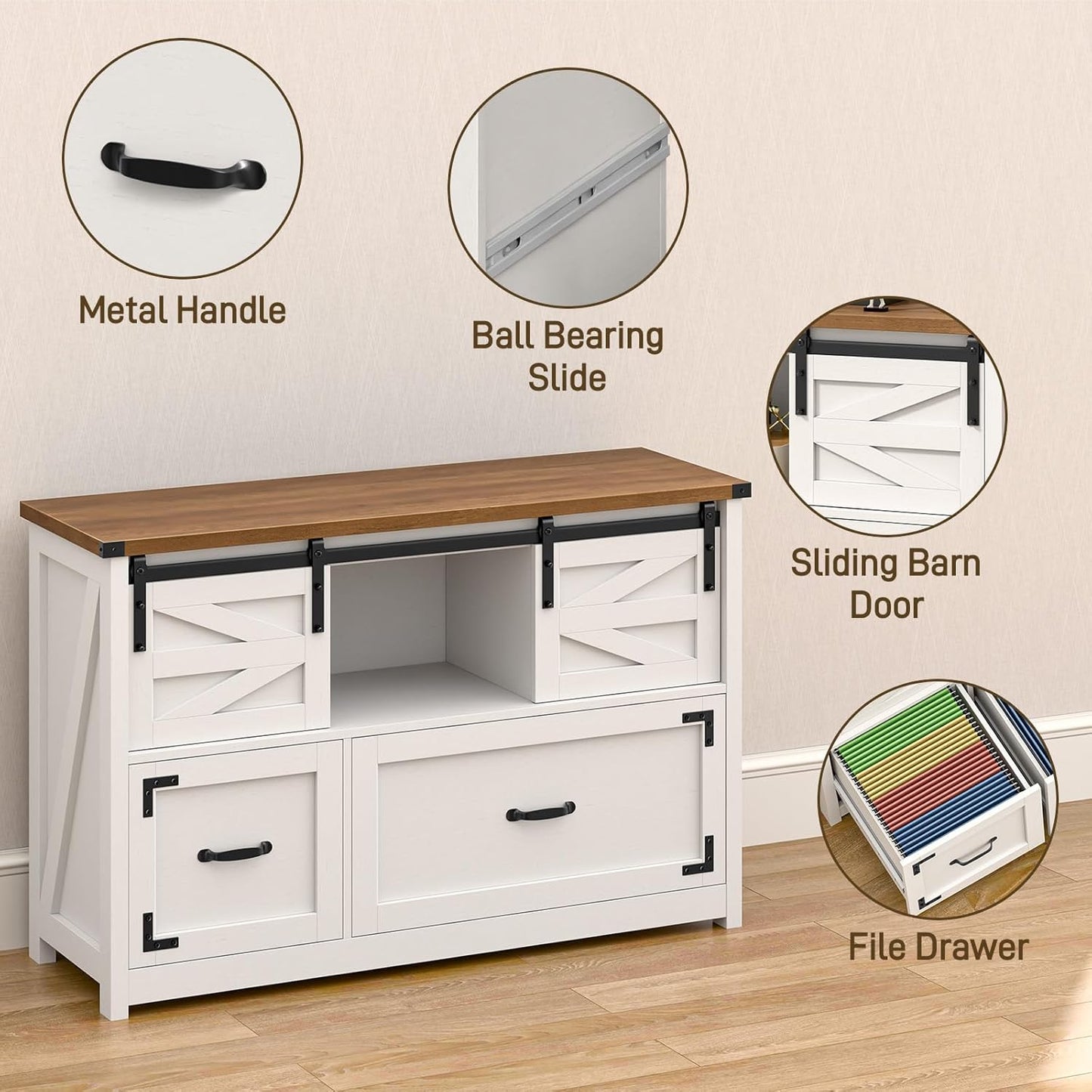Lateral File Cabinets 2 Drawer with Sliding Barn Doors, Farmhouse Filing Cabinet with 2 Drawer for Home Office,Filing Organization Storage Cabinets for Hanging Files Letter/Legal/F4/A4.(Brown.)