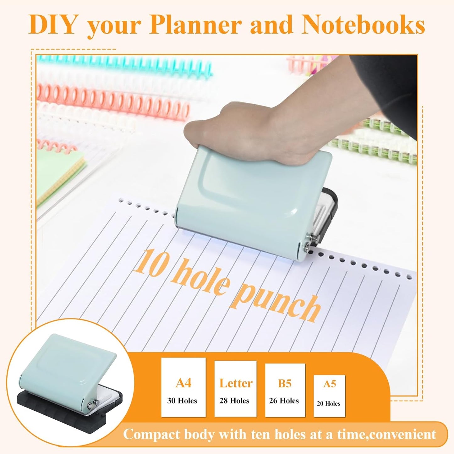 10 Hole Punch Binding Machine for Planners with 10 Multi-Color Binder Rings, 30 Holes on A4, 20 Holes on A5, 26 Holes on B5, 10 Sheet Capacity (Pale Blue)