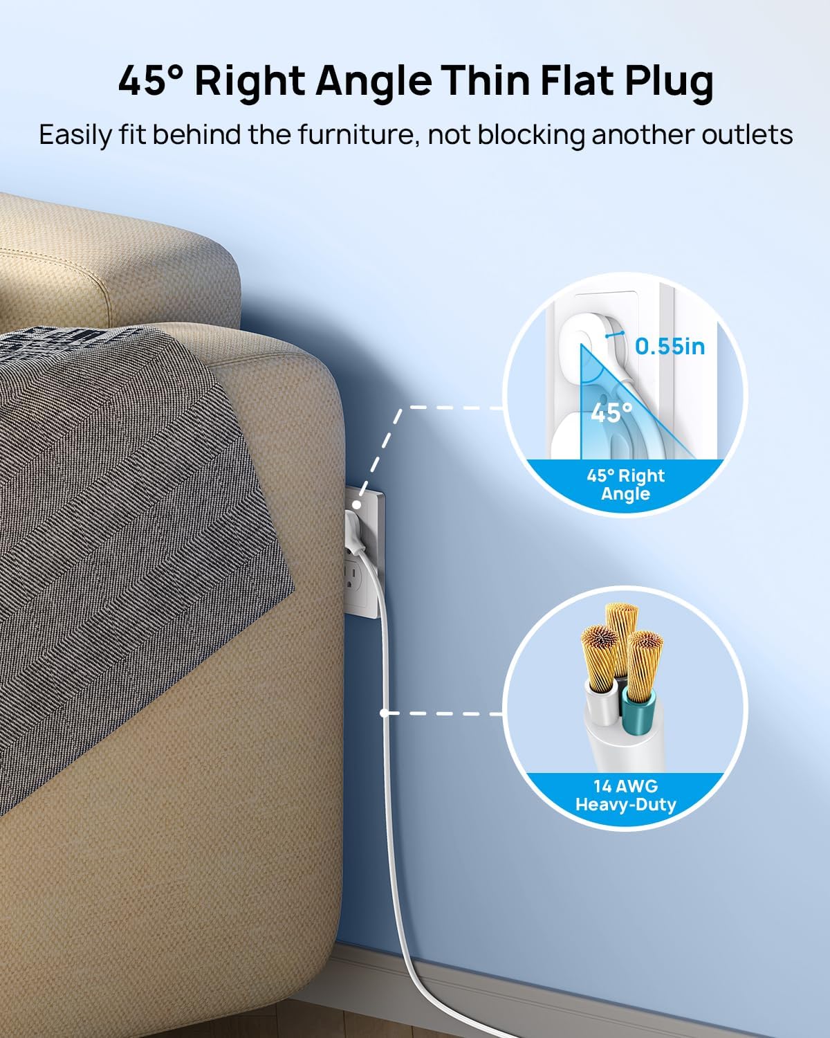 TROND Surge Protector Power Strip 10 ft, Flat Plug Long Extension Cord, 13 Wide Spaced Outlets, 4000 Joules, 32W Quick Charge 3.0 & USB C, Wall Mount, Under Desk, Heavy Duty, ETL Listed, White