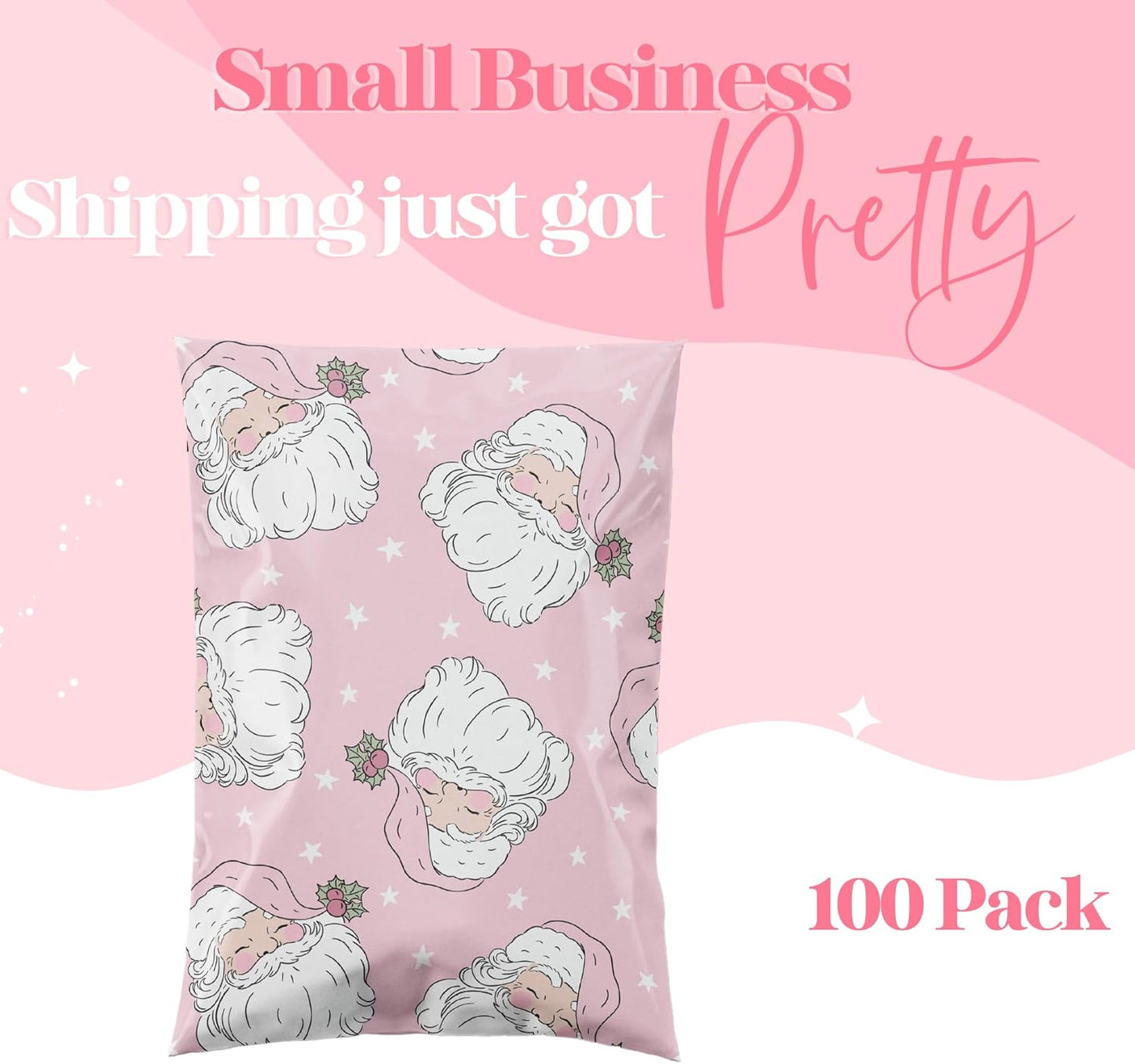 10x13 Designer Christmas Holiday Poly Mailer 100 Pack Heavy Duty Waterproof Self Seal Shipping Bags Large Mailing Envelopes Bulk Tear Resistant Cute Packaging Pink Santa