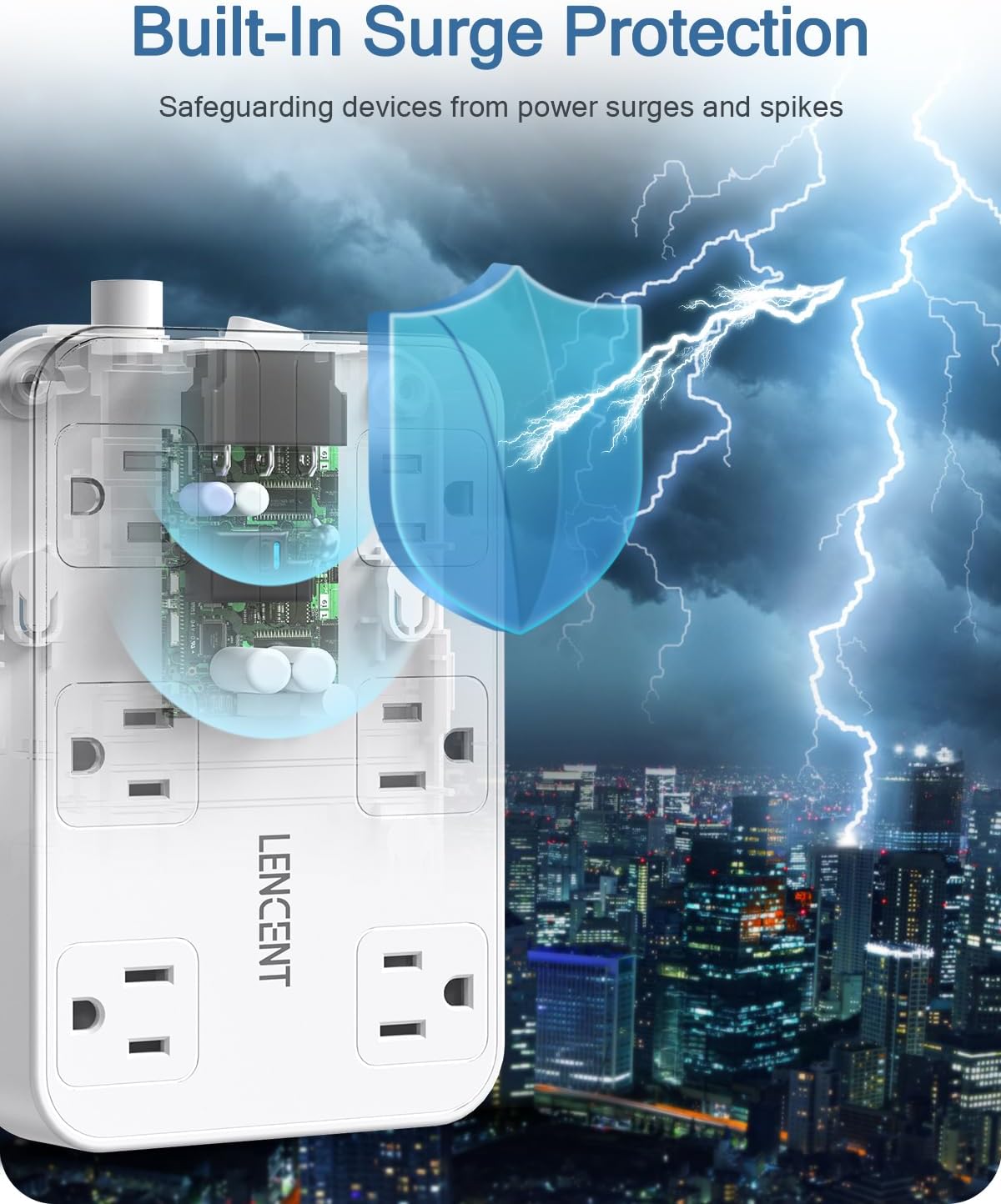 LENCENT 2 Prong Power Strip, 3 to 2 Prong Outlet Adapter, 1050J Surge Protector, 6ft Braided Extension Cord with Thin Flat Polarized Plug, 6 AC & 4 USB (1 Type-C), Wall Mount for Non-Grounded Outlet