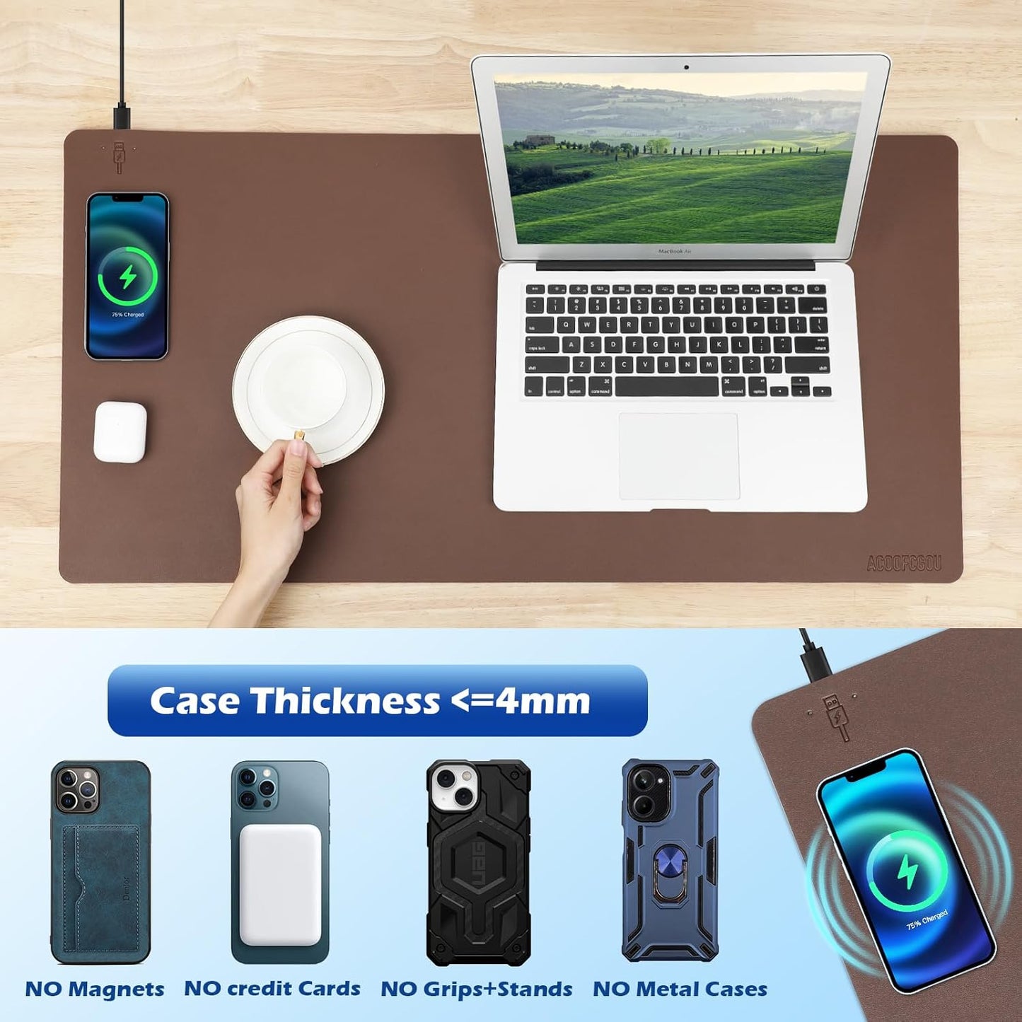 Wireless Charging Desk Mat with Desk Pad for Desktop Charging Large Mouse Pad Waterproof Leather Computer Mat Mouse Pad Non-Slip Protector on Top of Desks for Keyboard and Mouse (brown-l, 32*16inch)