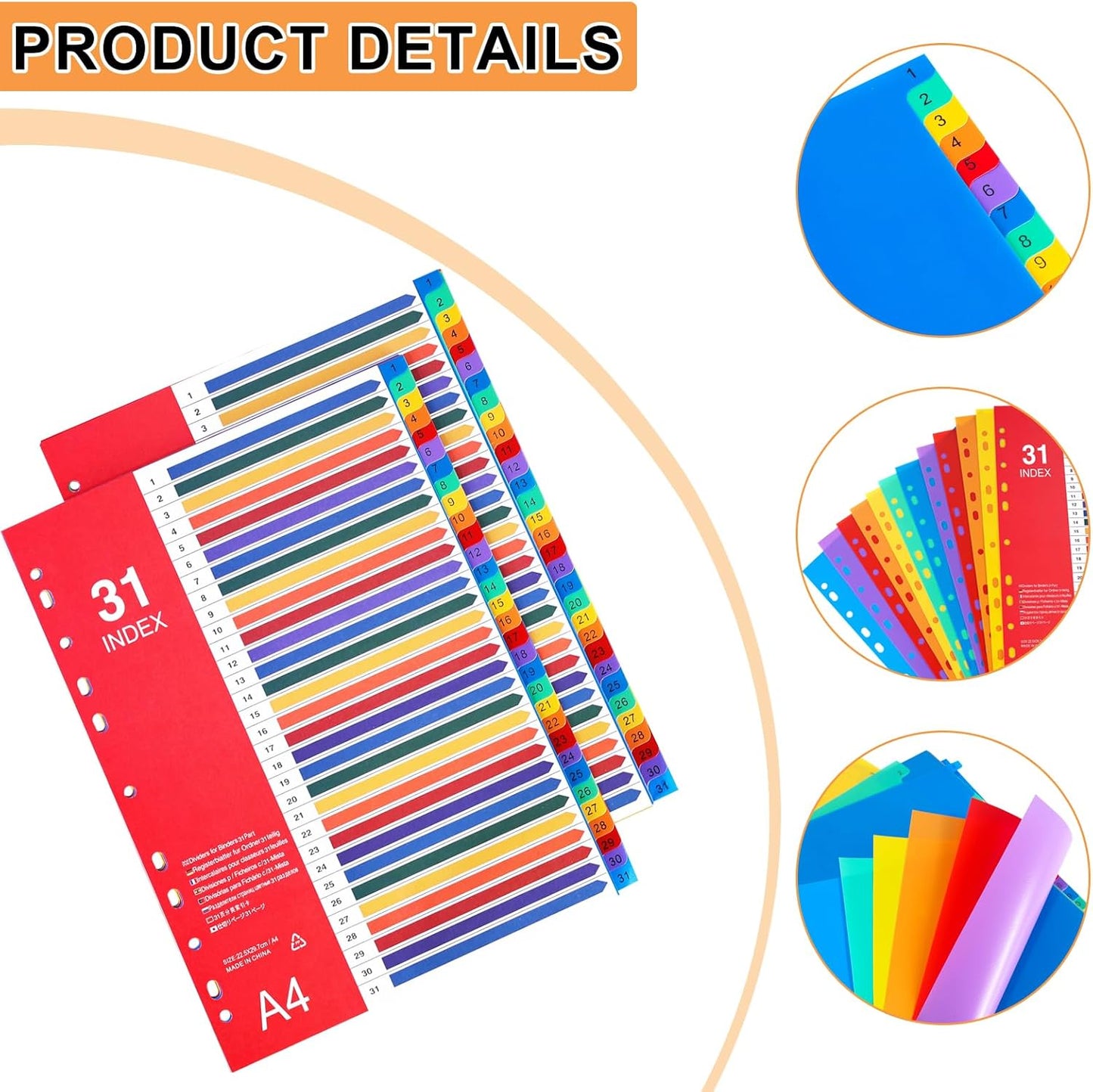 1-31 Tab Dividers, Plastic Binder Dividers for 2/3/4 Ring Binder, Customizable Table of Contents, Multicolor Number 1-31 Tabs, 5 Sets/ A4 Size
