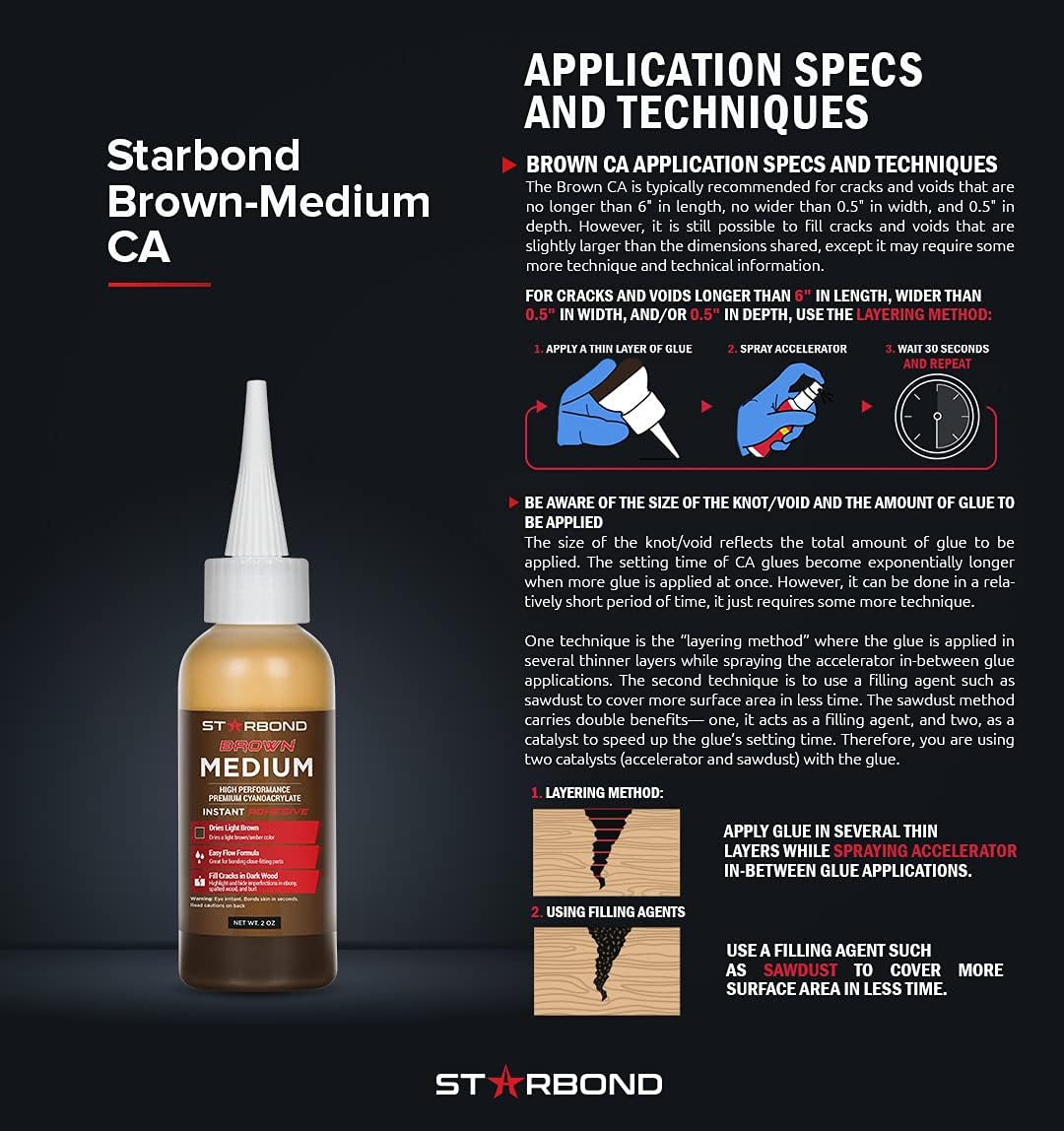 STARBOND Light Brown Medium CA Glue (Premium Cyanoacrylate Super Glue) Crack Filler 150 CPS Viscosity, for Woodworking, Woodturning, Carpentry, Guitar, 2oz