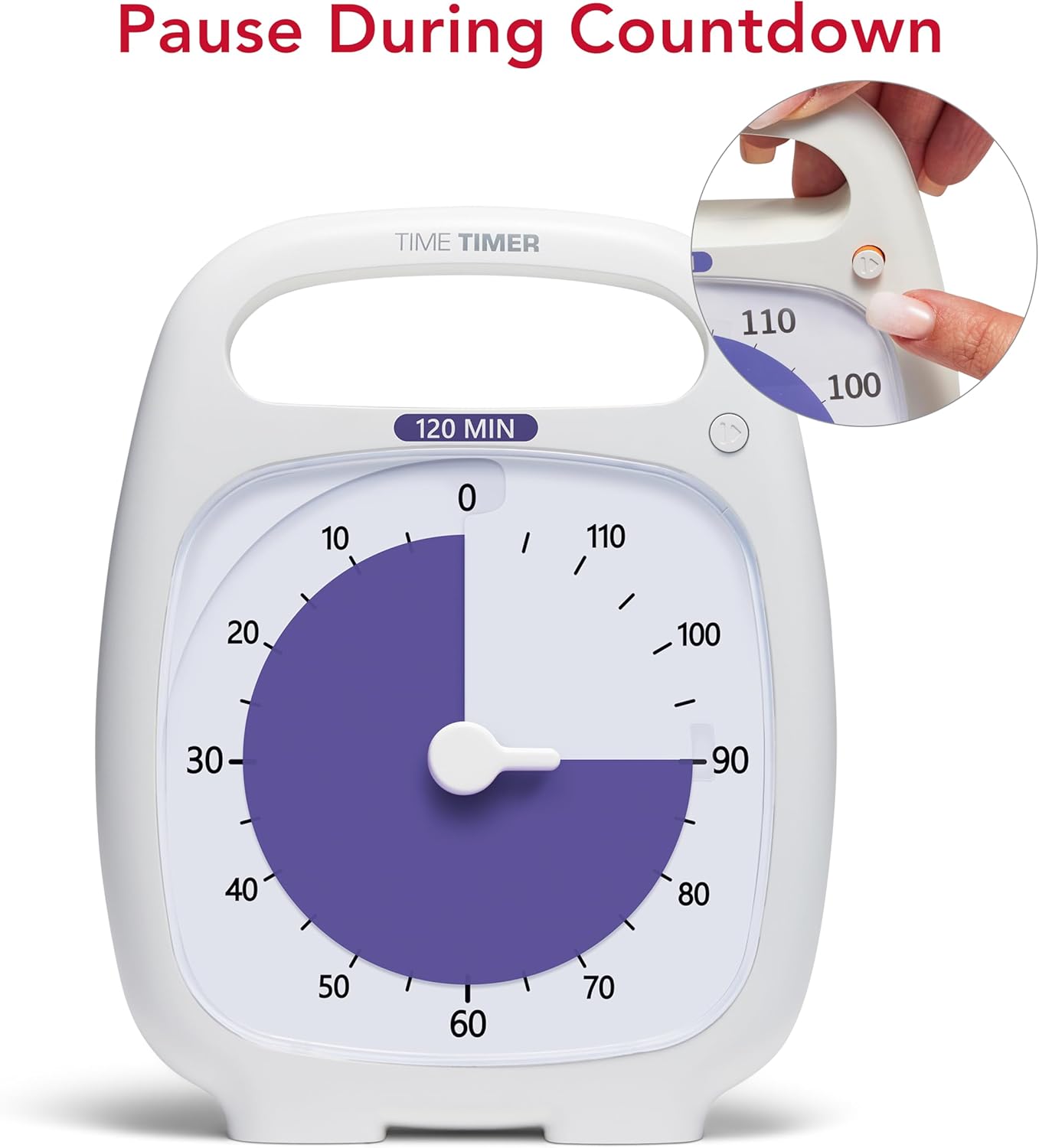 TIME TIMER PLUS 120 Minute Desk Visual Timer Countdown Timer with Portable Handle for Classroom, Office, Homeschooling, Study Tool, with Silent Operation (White)
