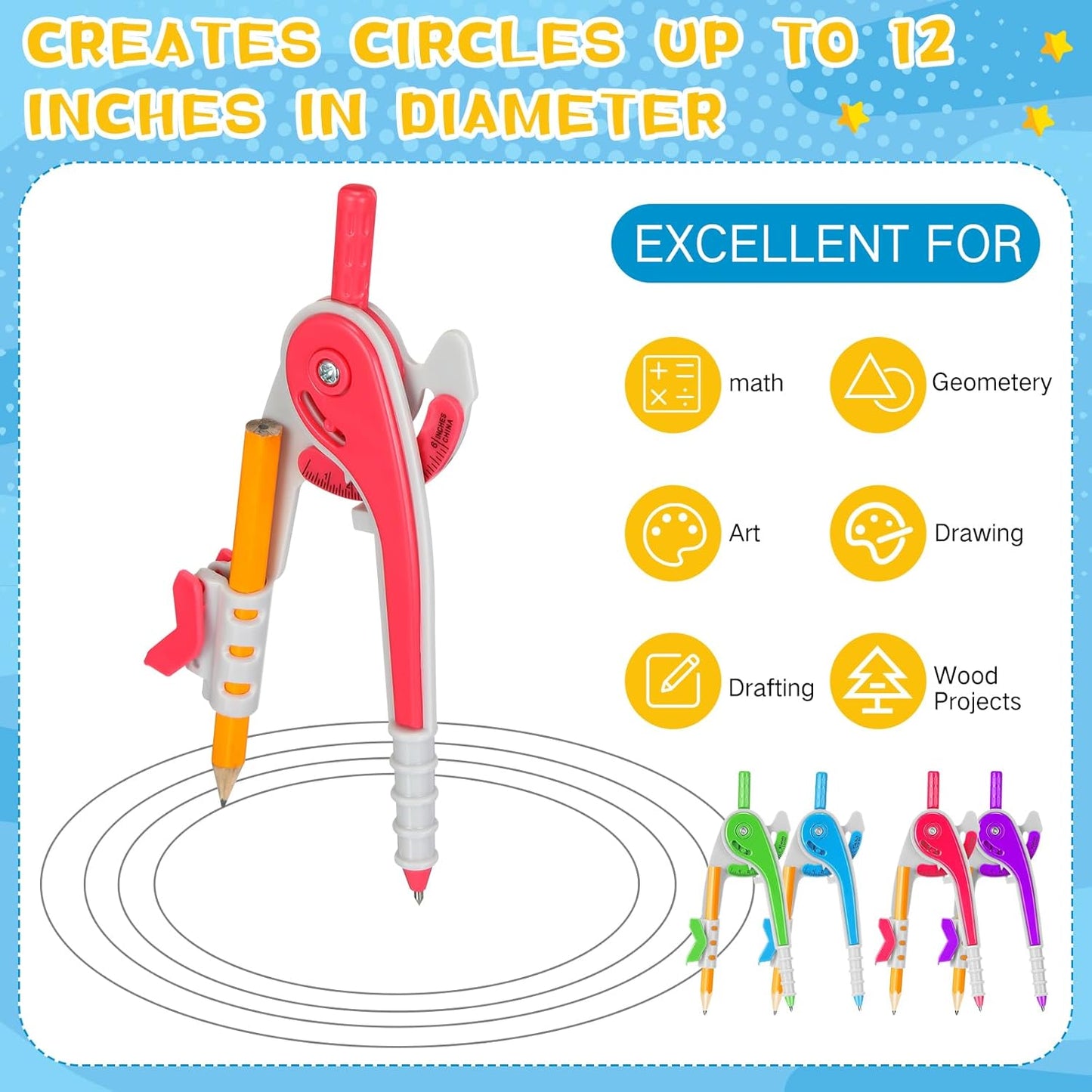 Zonon 15 Pcs Student Math Geometry Compass Tool Classroom Set Bulk 6 Inch Bright Colored Plastic Drawing Compass with Pencils Back to School Supplies for School Home Office