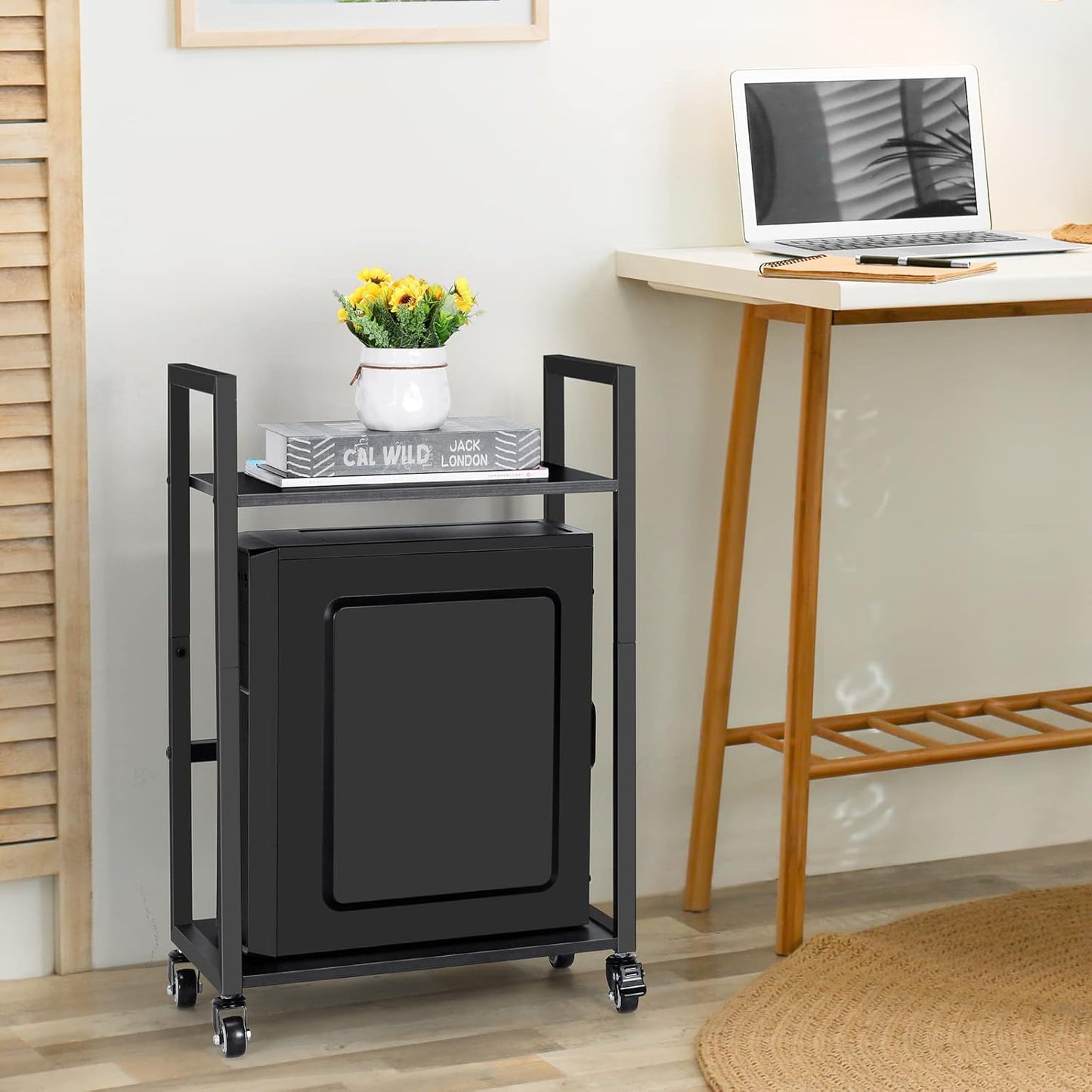 SEHERTIWY 2 Tier Computer Tower Stand, Black CPU Holder Stand Cart with Rolling Caster Wheels, Mobile PC Tower Stand for Office Home Studio