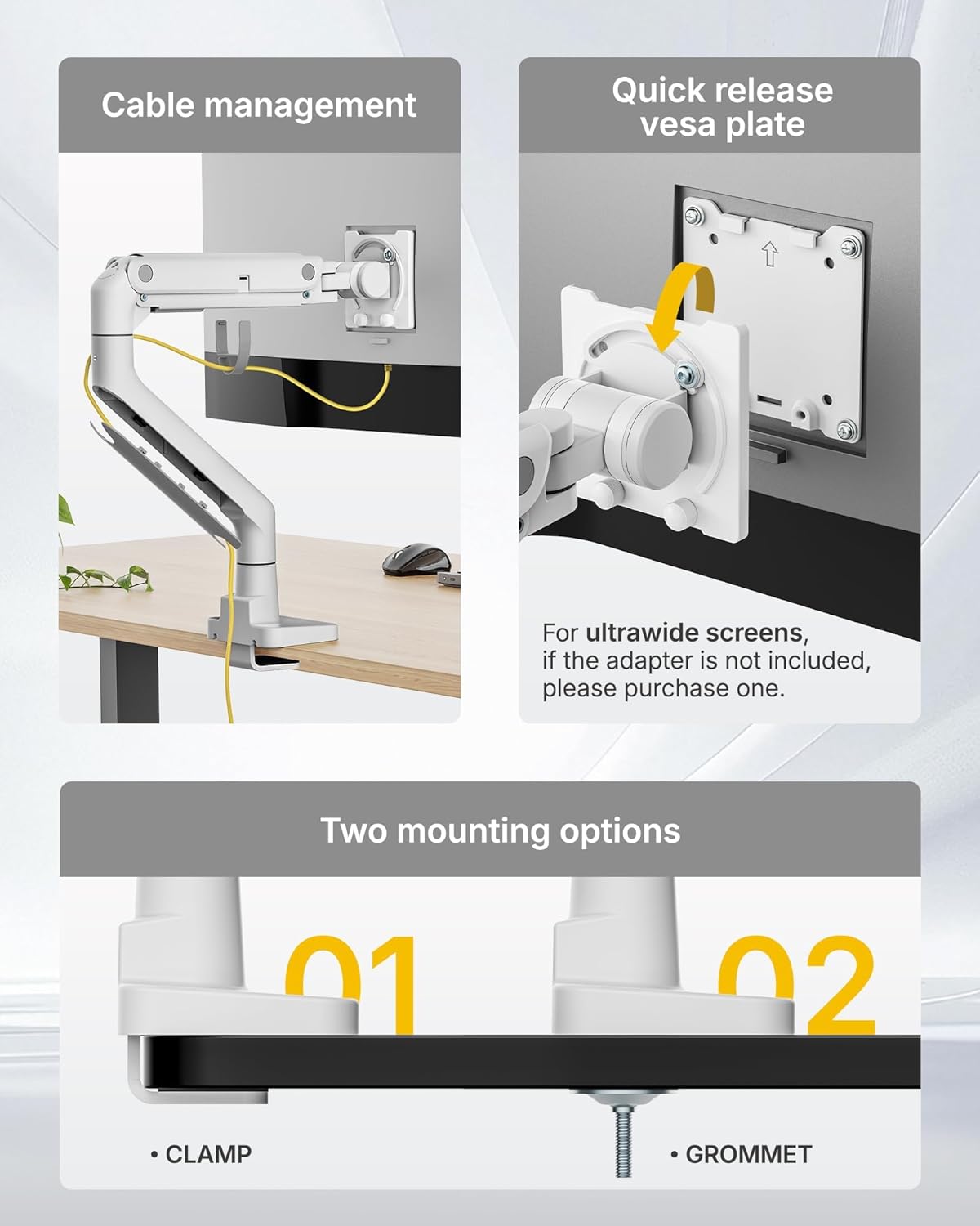 monTEK Heavy-Duty Monitor Arm for 17-57" Ultrawide Curved Screen, Supports up to 59.4 lbs, Adjustable Gas Spring Arm, 75/100 VESA Mount, Clamp & Grommet Desk Monitor Mount Single, White