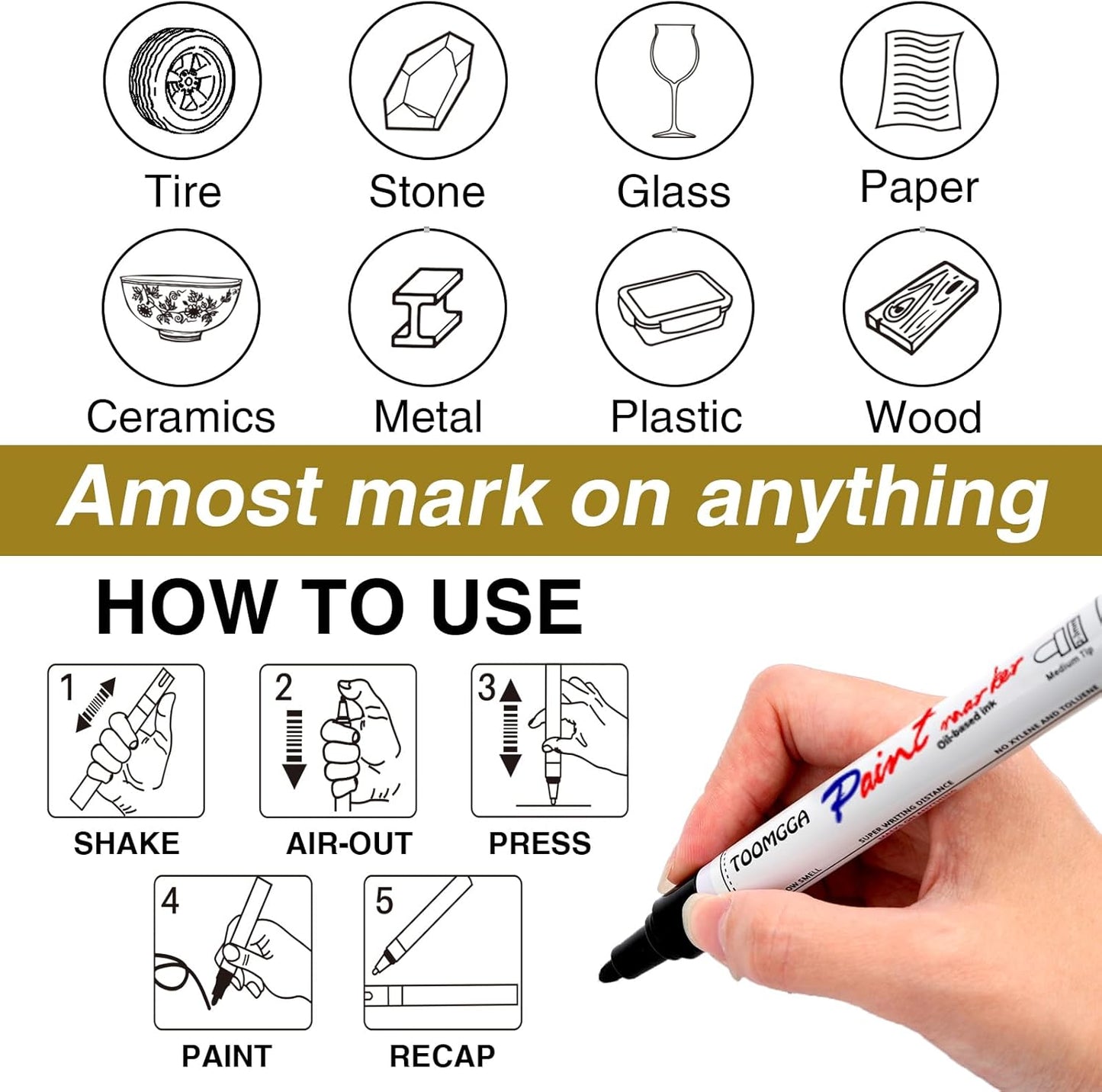 White Paint Pens Permanent Paint Markers - 2 Pack Oil Based Marking Pens, Medium Point, Quick Drying and Waterproof Pens for Rock Painting Car Tyre Metal, Plastic, Canvas, Wood, Glass