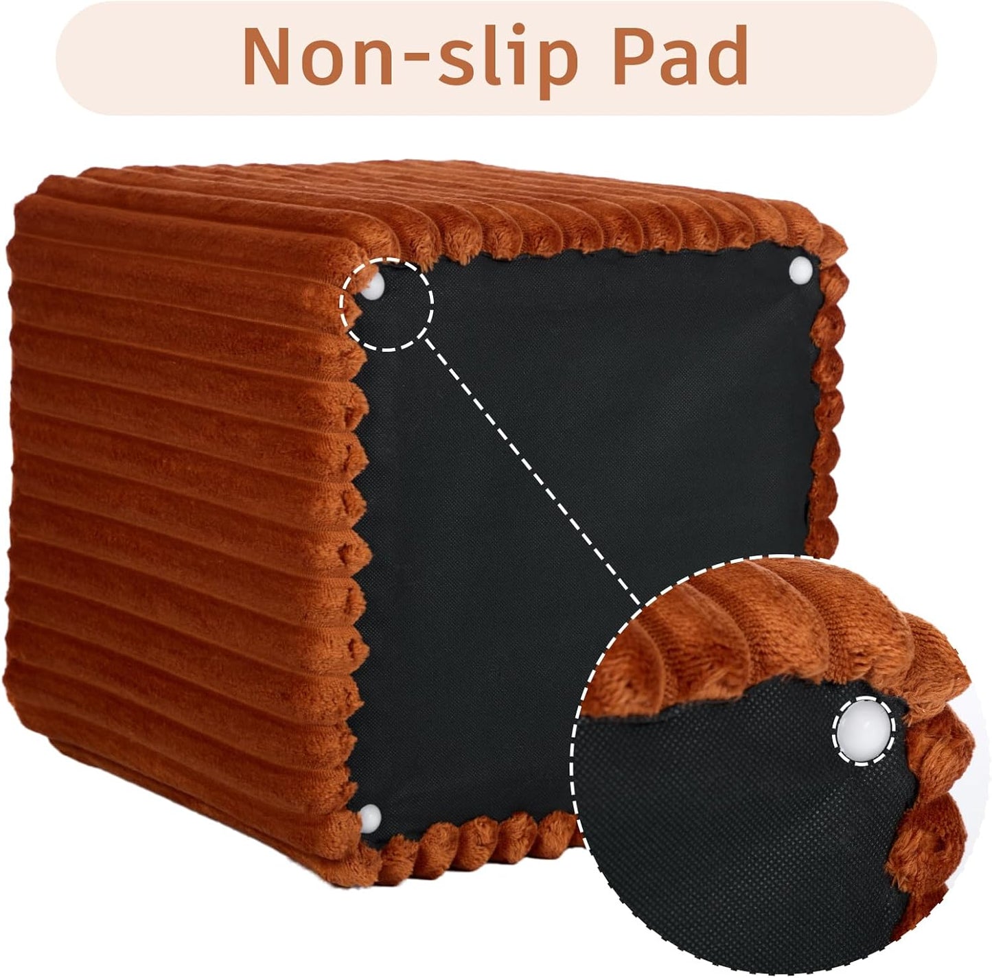 Modern Square Ottoman 2Pcs, Vertical Channel Tufted Foot Stool Ottoman, Velvet Upholstered Vanity Stool for Makeup, Bedroom, Living Room, Dark Orange