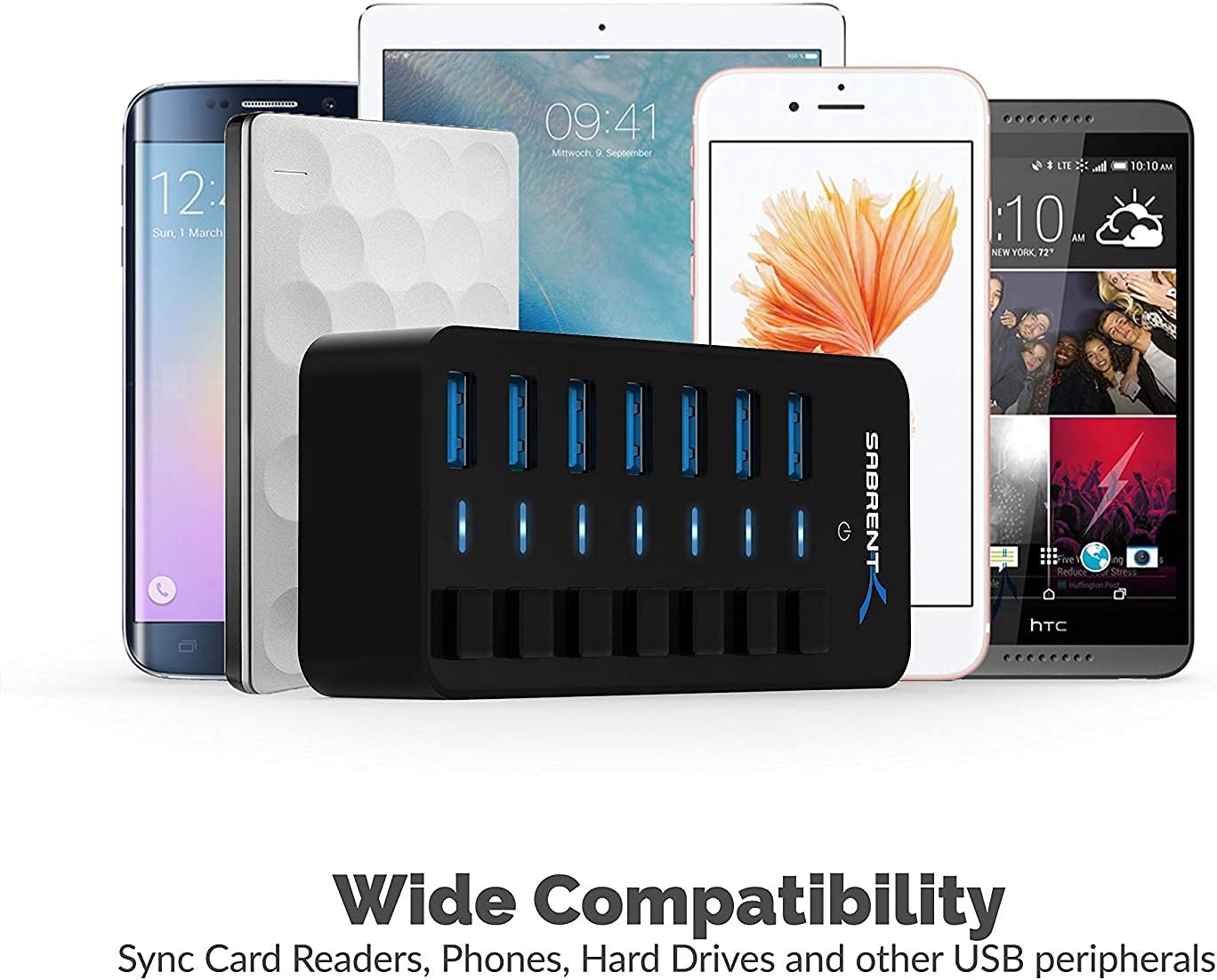 SABRENT 36W 7 Port USB 3.0 Hub with Individual Power Switches and LEDs Includes 36W 12V/3A Power Adapter (HB-BUP7)