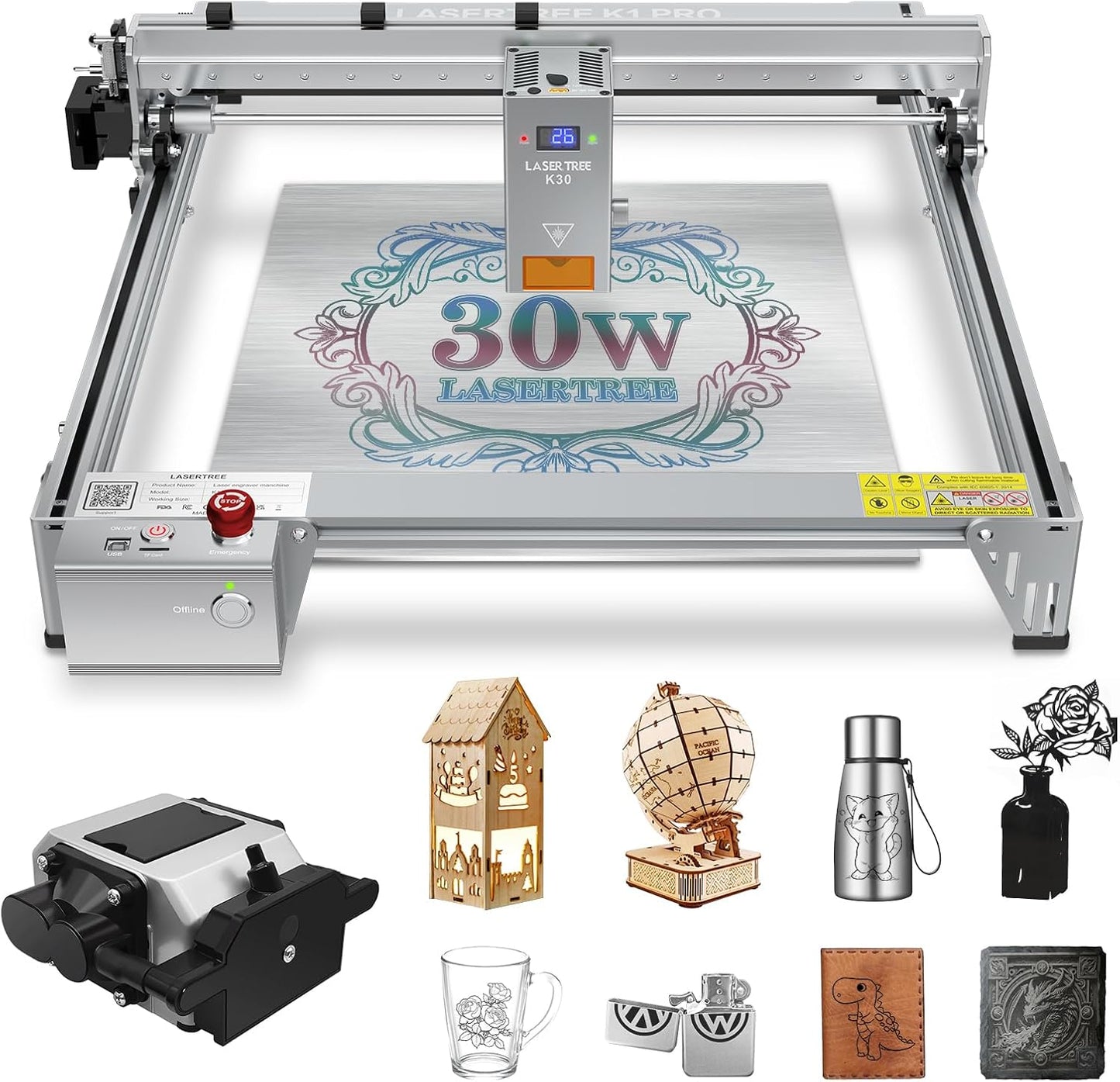 LASER TREE Laser Engraver, 30000mW(30W)Output Power Laser Engraver Machine with Air Assist Pump, High Precision Laser Cutter and Engraver for Wood & Metal Paper Acrylic Glass Leather etc,Class 4