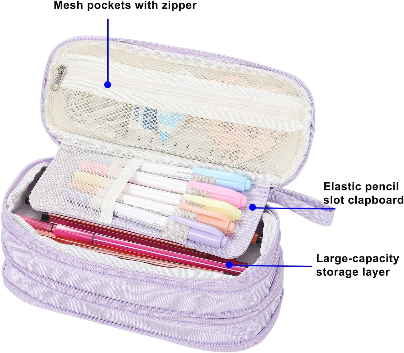 Large Pencil Case Zipper Pencil Pouch Organizer Big Capacity Pencil Bag with Handle Portable for Girls Kids Adults Gift Pen Case for School Home Office Purple