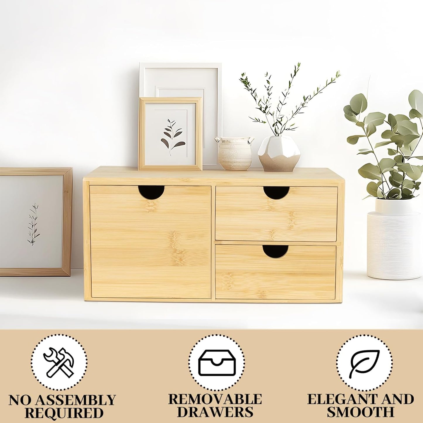 Bamboo Desk Organizer, Desktop Organizer with 3 Drawer, Tabletop Storage Organization Box for Bills, Countertop, Home Office Supplies