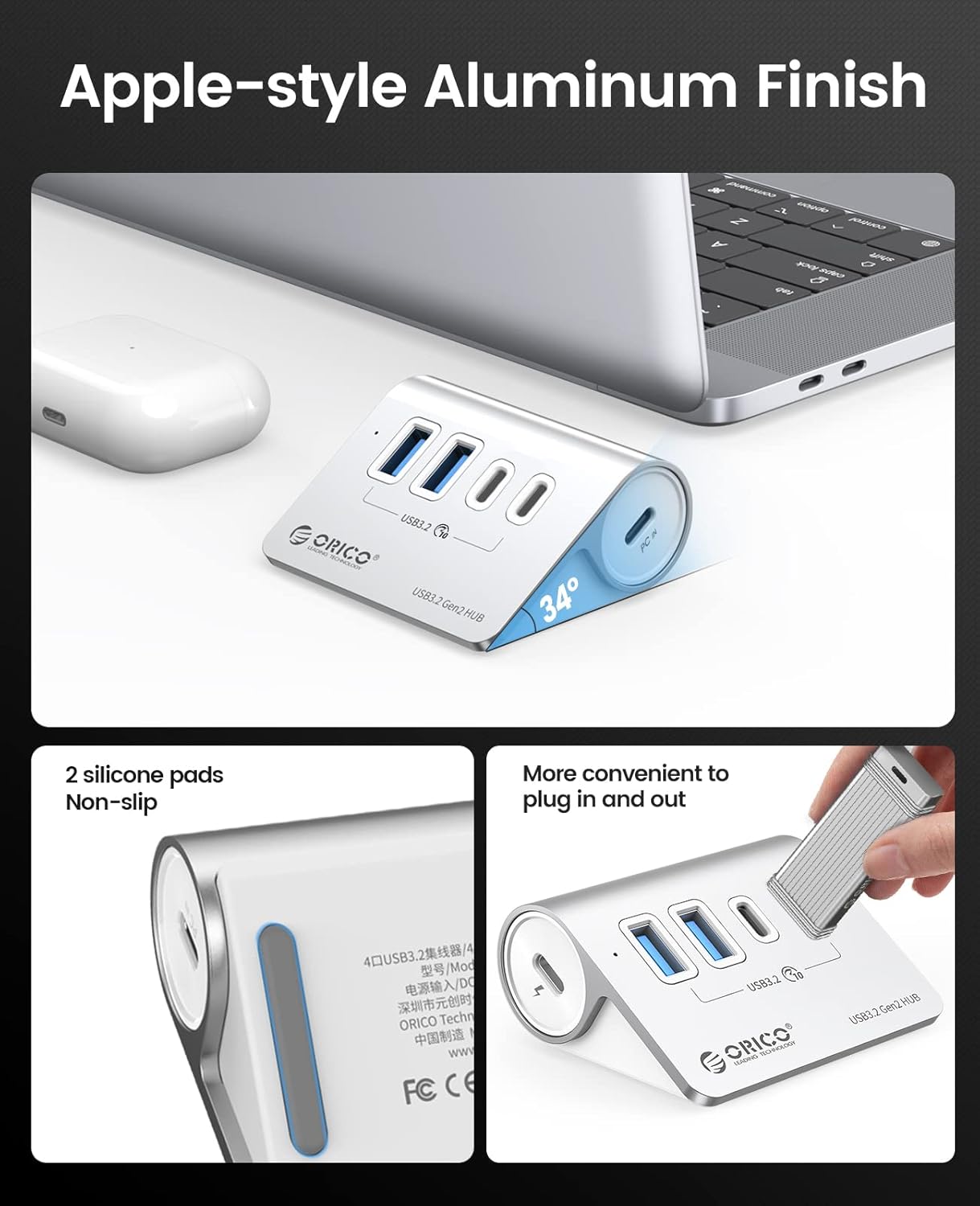 ORICO 4-Port USB 3.2 Gen 2 Hub 10Gbps with 2 USB A +2 USB C, Aluminium Hub with 1.64Ft USB-C Cable and USB-A Adapter USB Splitter for iMac, MacBooks, Mac mini