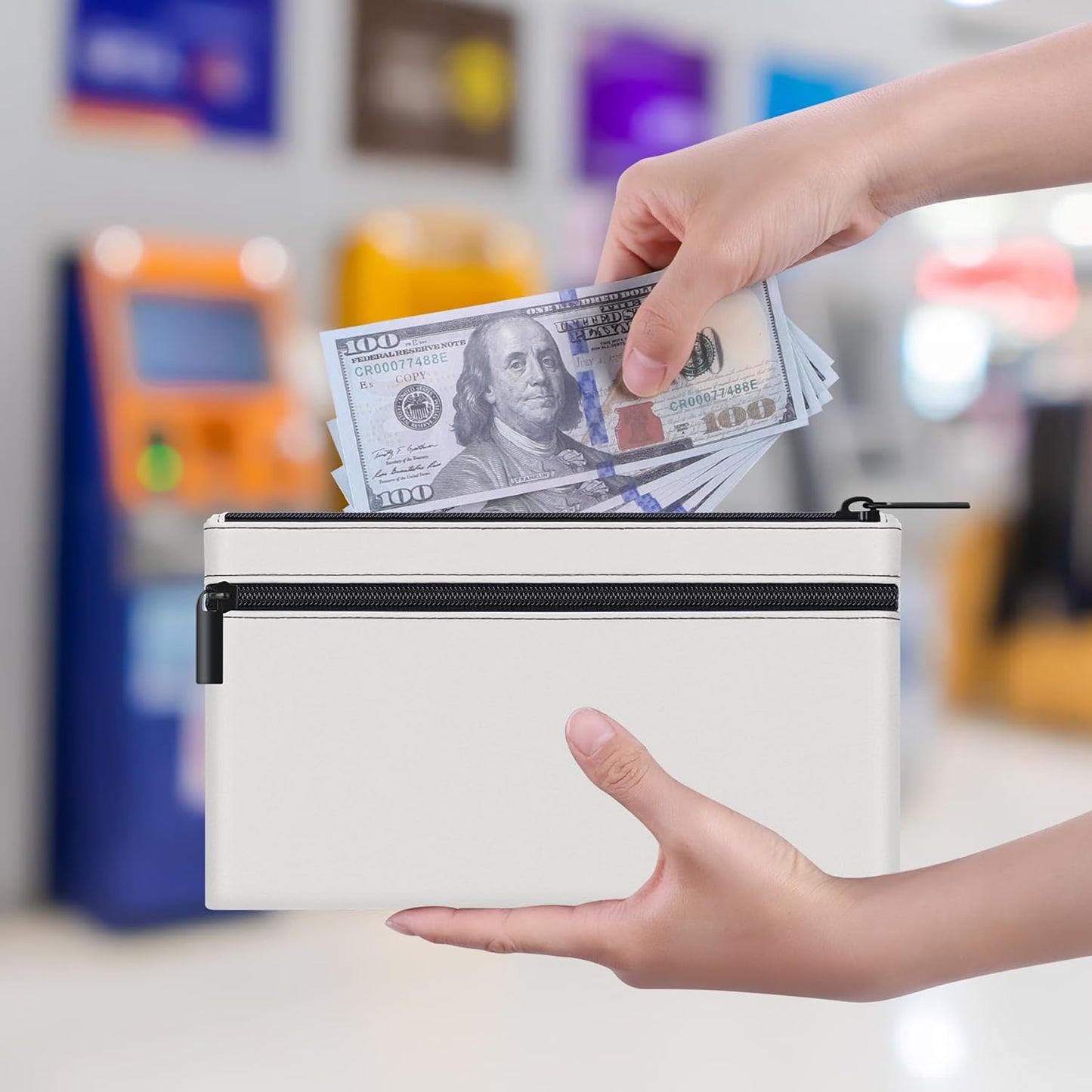 HAUTOCO 2 Pack Money Bag with Zipper 11x6.1 inch Money Pouch with Lined PU Leather Bank Bag Two Pockets Utility Wallet for Cash Check Receipt Coins Cosmetics, White