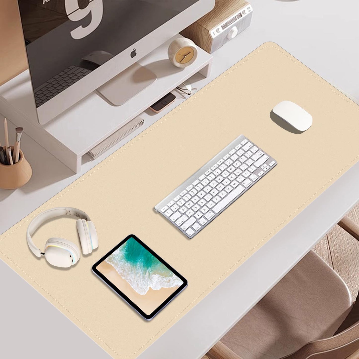 Large Desk Pad Mat 47.2" x 17", Office Desk Mat, Non-Slip PU Leather & Cork Desk Blotter for Keyboard and Mouse, Large Desk Mat, Large Mouse Pad for Office & Home(Apricot)