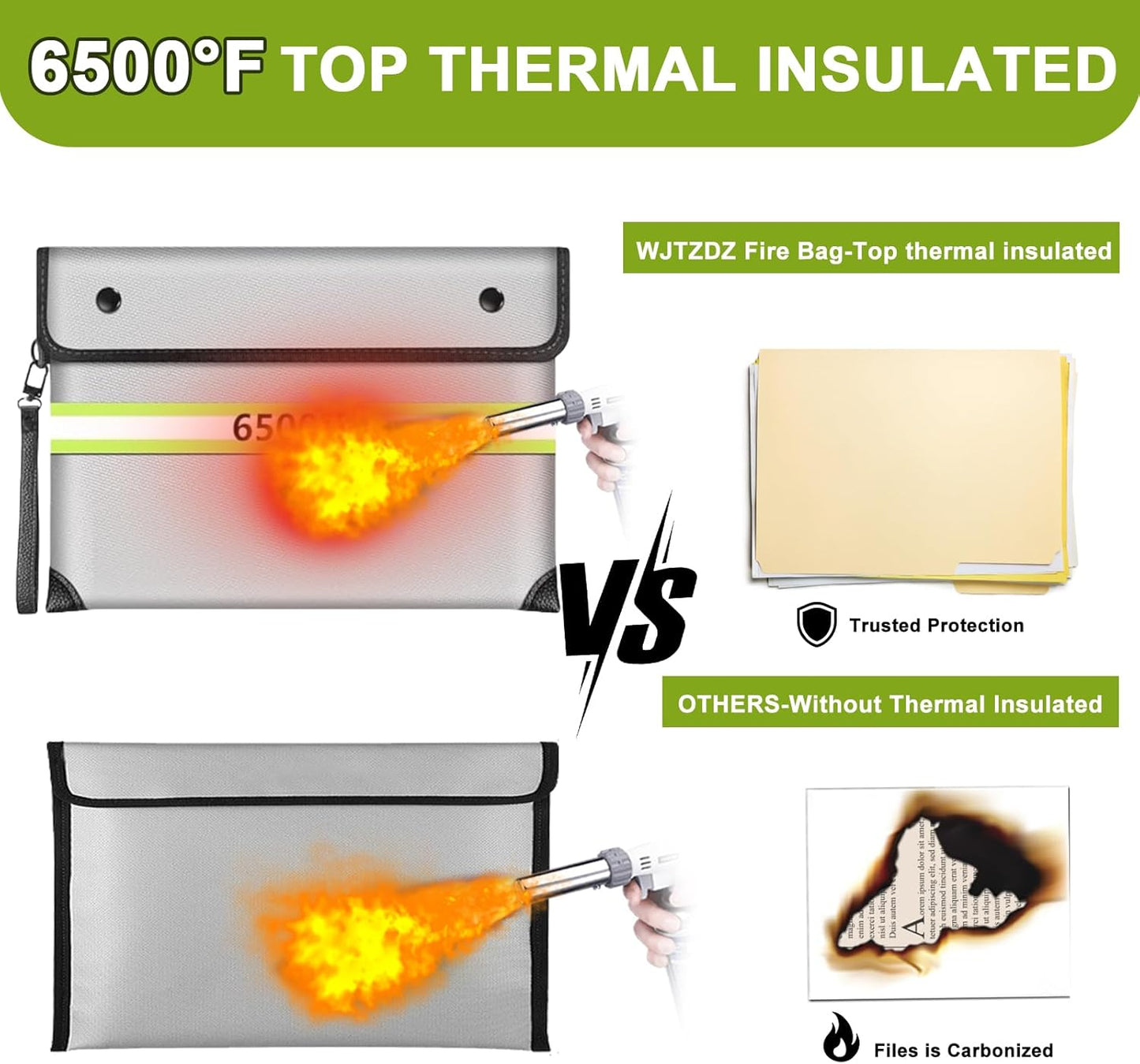 6500°F Upgraded Fireproof Money Bag,10 Layers of Heat Insulated Materials,Fire Proof Box with Waterproof Zipper/Reflective Strip,Document Bag with Handle for Cash,Important Documents(Not Fit A4 Files)