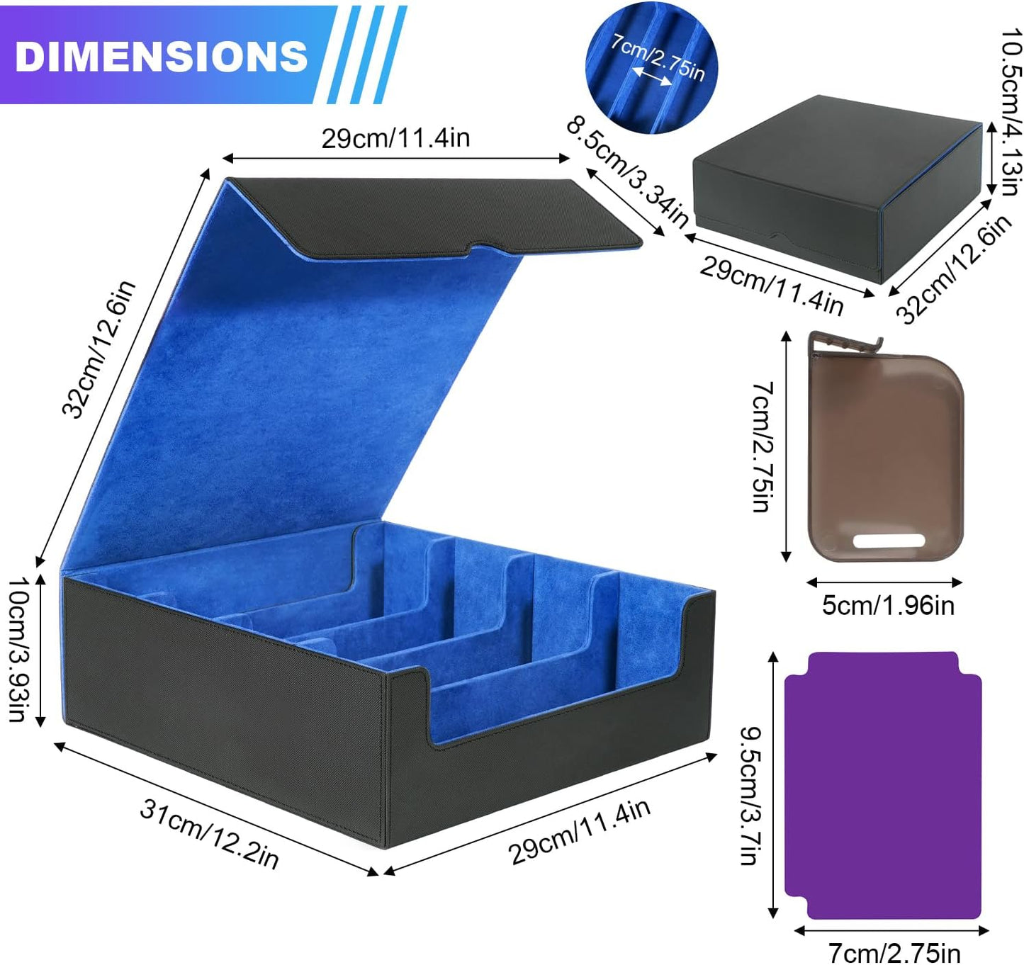 Card Organizer Box, 3000+Trading Card Storage Box, PU Leather Card Organizer Box With 24 Dividers, Magnetic Closure, 4 Supporters, Card Holder Box For Game Sports Card,Blue