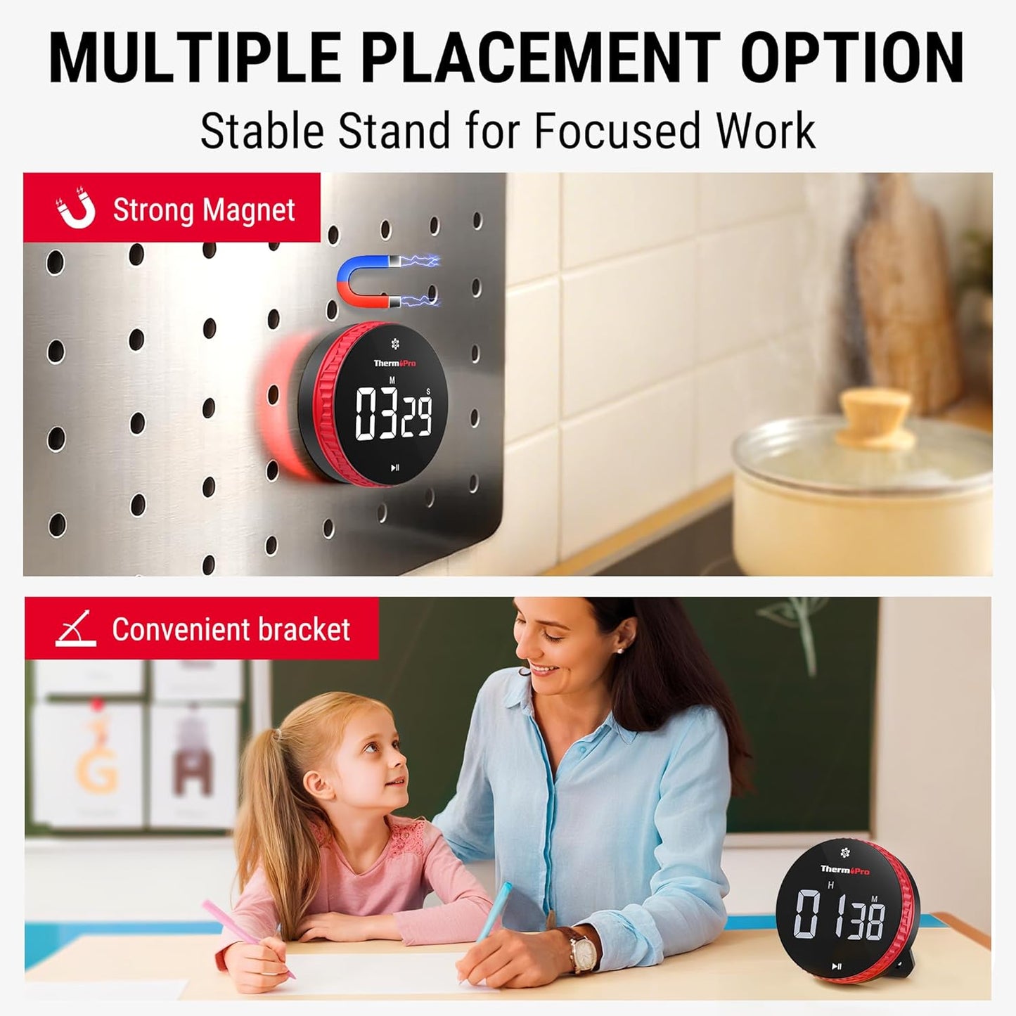 ThermoPro 99-Hour Digital Kitchen Timer with Strong Magnetic & Stable Stand, Classroom Timers with 3-Volume-Level, Stopwatch/Timer with Large LED Display, Digital Timers for Classroom, Office & Gym