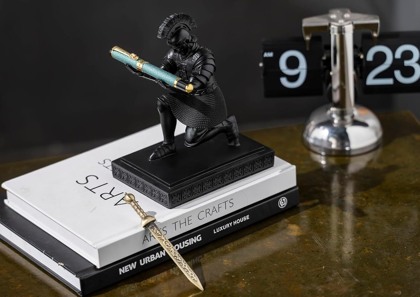 Roman Praetorian Warrior Knight Pen Holder Desk Ornament Resin Pencil Holder Desk Accessories and Organizer For Office with a Letter Opener (Black)