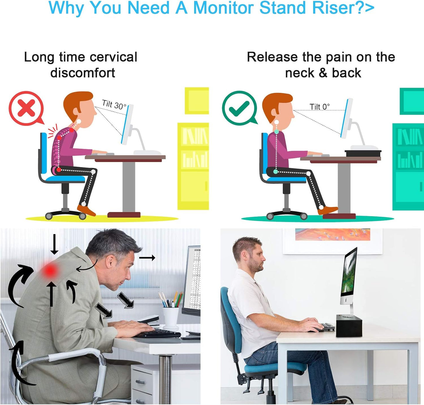 Marbrasse Monitor Stand Riser, 16.5 Inch 2 Tier Computer Printer Shelf Stand for Laptop Computer Screen Storage, Desktop Stand with Phone Holder and Cable Management Black