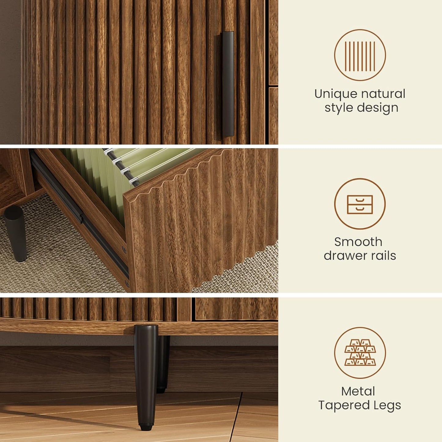 SEDETA 2 Drawer File Cabinet, 39.4" Filing Cabinet for Home Office, fit Legal/Letter/A4 Size, Light Luxury Fluted Filing Cabinets with 2 Sliding Door Storage, Printer Stand, Brown