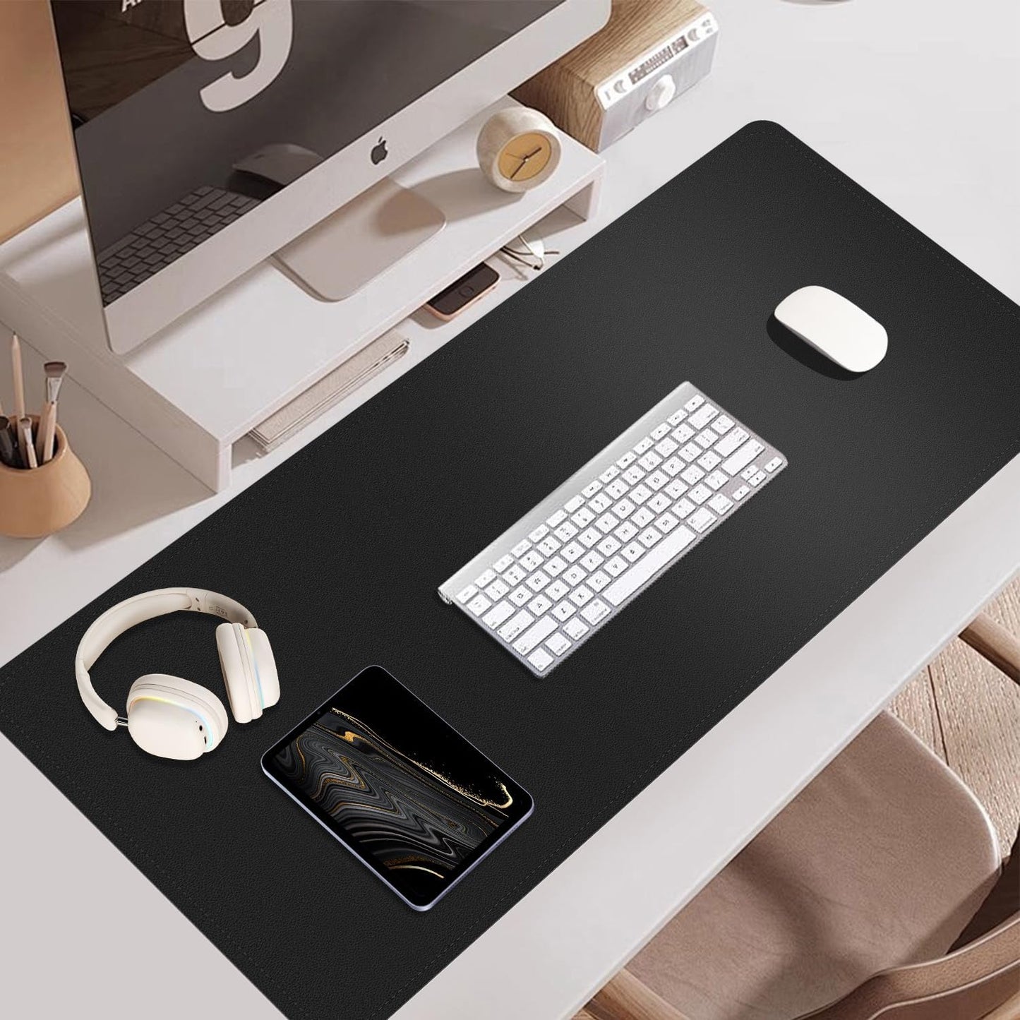 Dual-Sided Desk Pad, Natural Cork & PU Leather Mouse Pad for Desk, Desk Pad Protector, Non-Slip Desk Mat for Office and Home Work, (Black, 23.6" x 13.7")