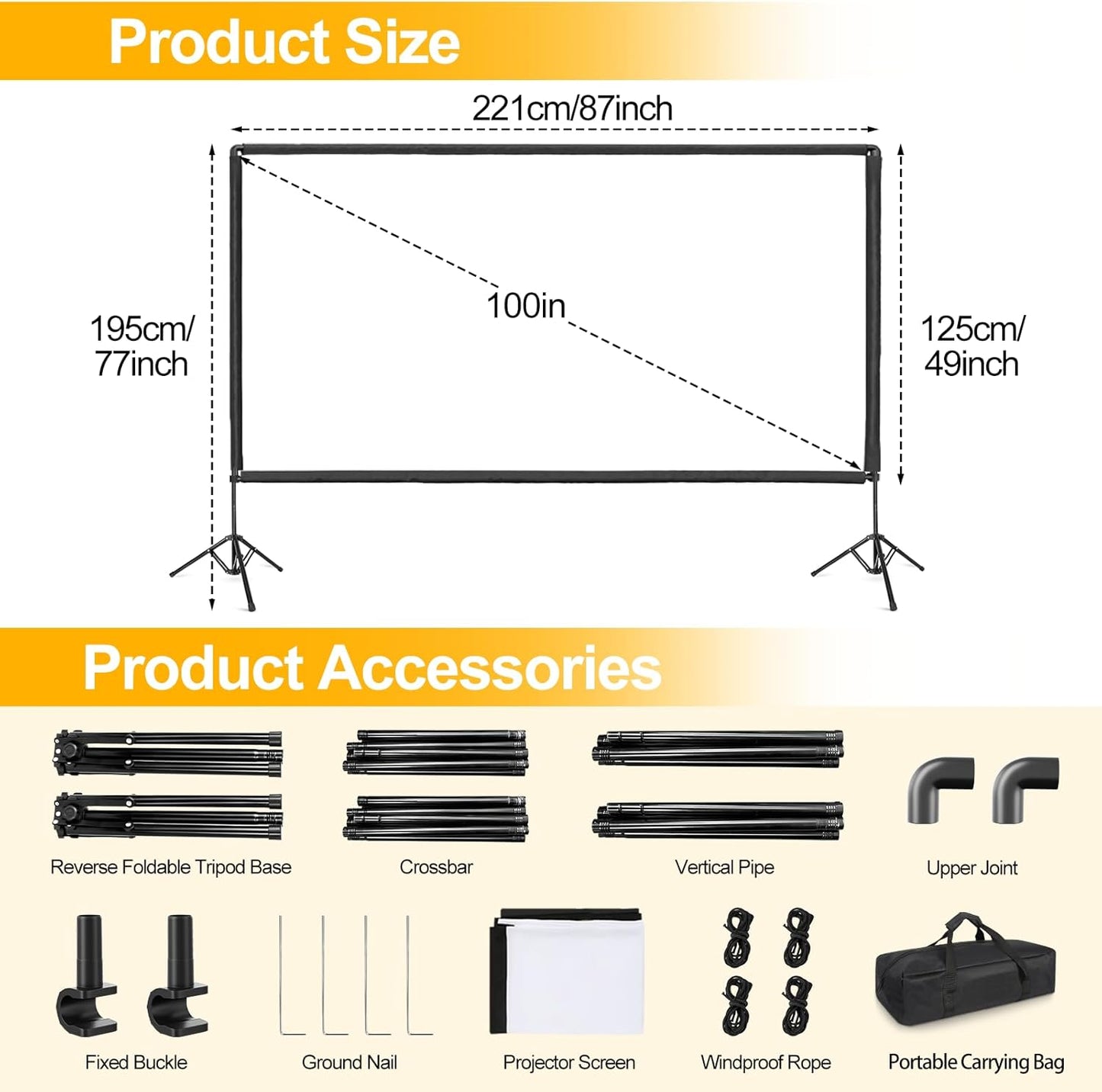 Projector Screen with Stand, 100 inch Portable Projector Screen Stand with Elastic Rope Bar, Outdoor Indoor 16:9 4K HD Wrinkle-Free Front Rear Projection Screen with Carry Bag for Home Theater Party