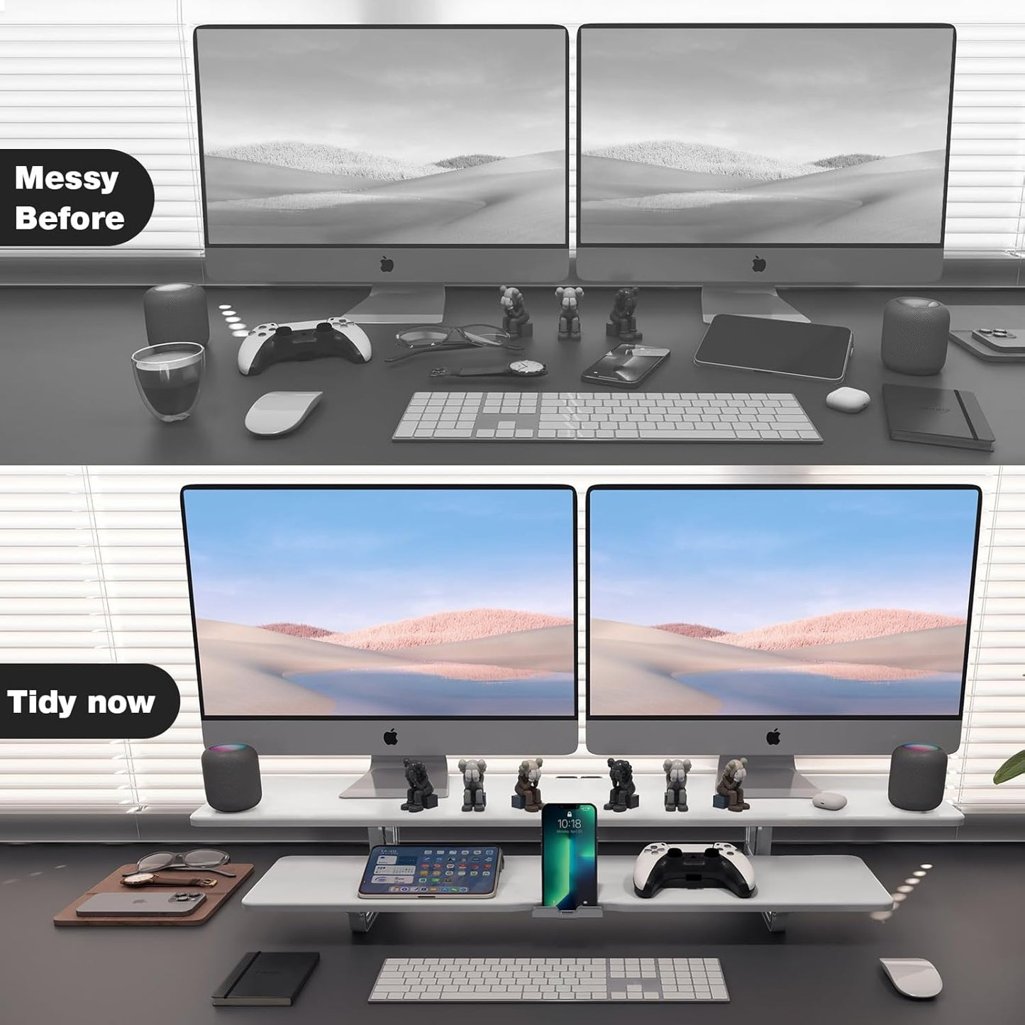 Dual Monitor Stand, 2-Tier Wood Monitor Riser with Storage Organizer and Cable Management, White
