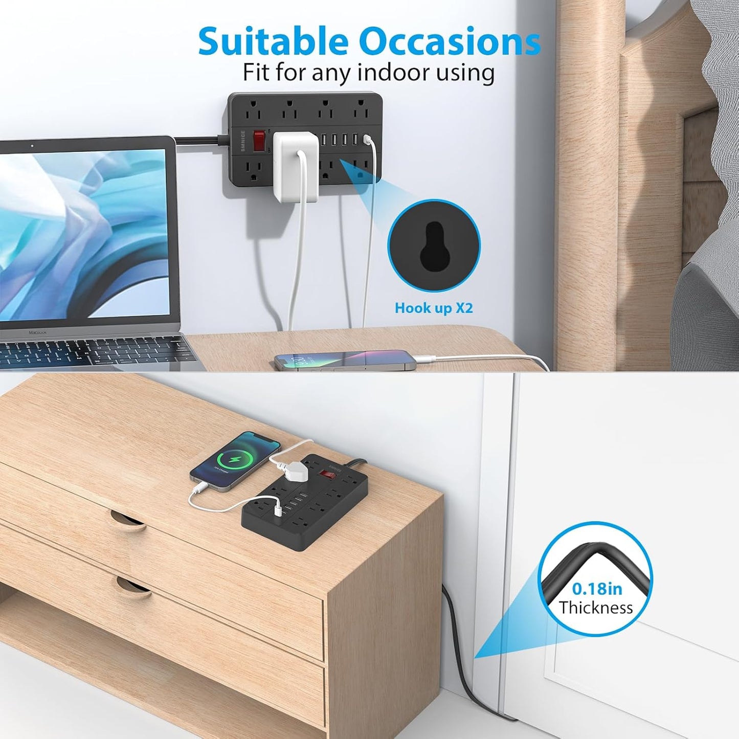 10 Ft Extension Cord Surge Protector, SMNICE 8 Widely Spaced Outlets and 6 USB (1 USB C) Charging Ports Flat Plug Power Strip, Desktop Power Cord for Travel Home Office Accessories Black