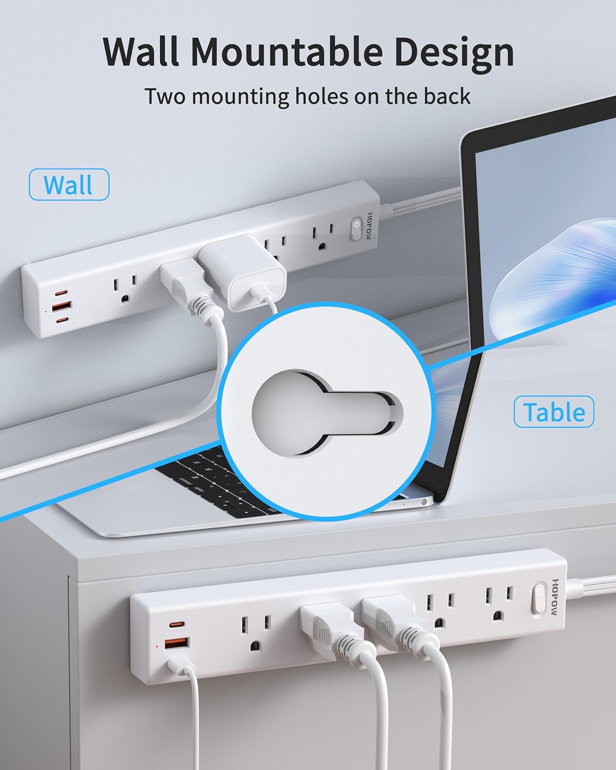 2 Pack Power Strip Surge Protector, 10 Ft Ultra Thin Flat Plug Extension Cord, Surge Protector with 5 Outlets & 3 USB Ports (2 USB C), 1700 Joules, 3-Prong, Wall Mount for Home Office Dorm, White