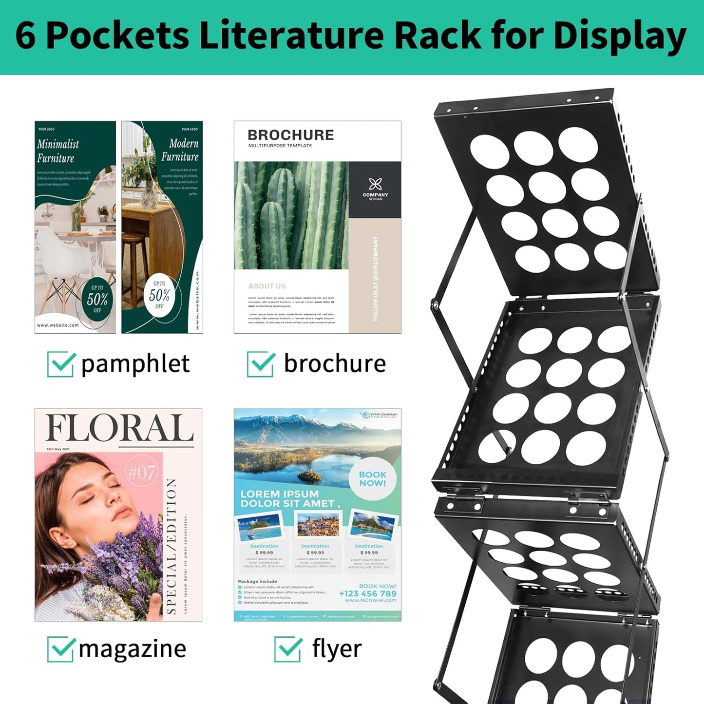 Folding Literature Rack, 6 Pockets Metal Brochure Holder Stand Floor Standing Magazine Rack,Double-sided Display Flyer Holder Stand Literature Stand for Trade Show Office Store Home