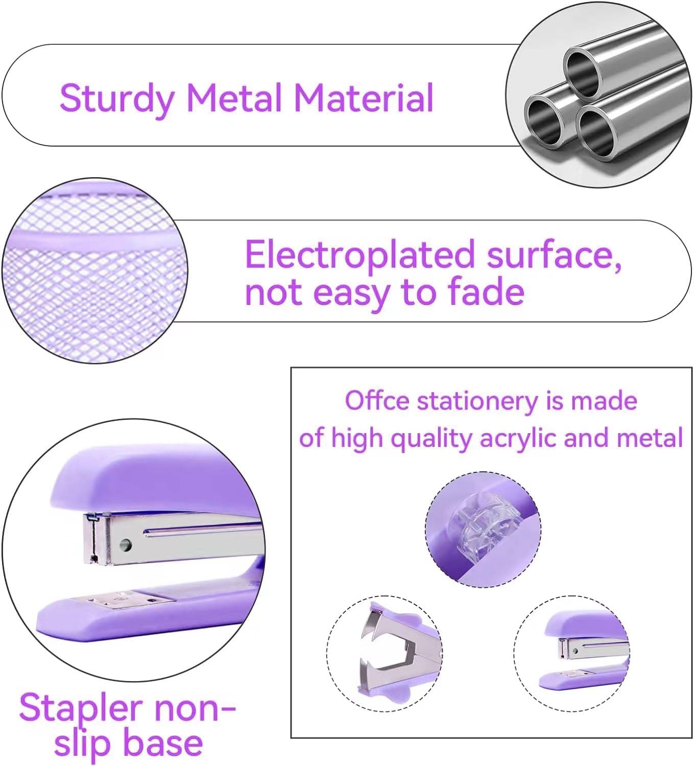 Purple Desk Accessories, Pink Office Supplies Set with Stapler, Tape Dispenser, Staple Remover, Pen Holder, Scissor, Binder/Paper Clips, Ballpoint Pen, Clear Tape and 1000pcs Staples