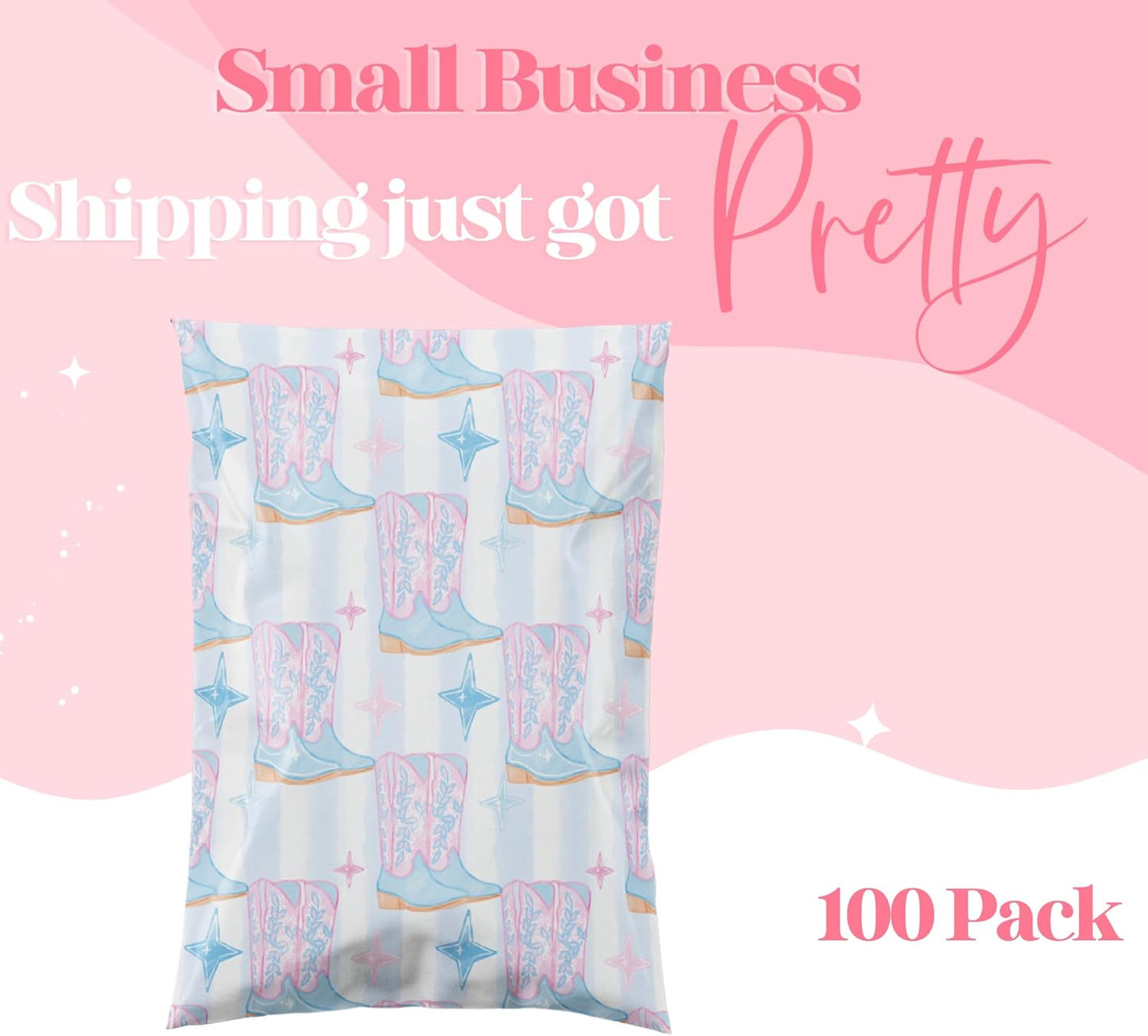 14.5x19 Designer Poly Mailer 100 Pack Heavy Duty Waterproof Self Seal Shipping Bags for Small Business Large Mailing Envelopes Bulk Tear Resistant Packaging Cowgirl Boots Western