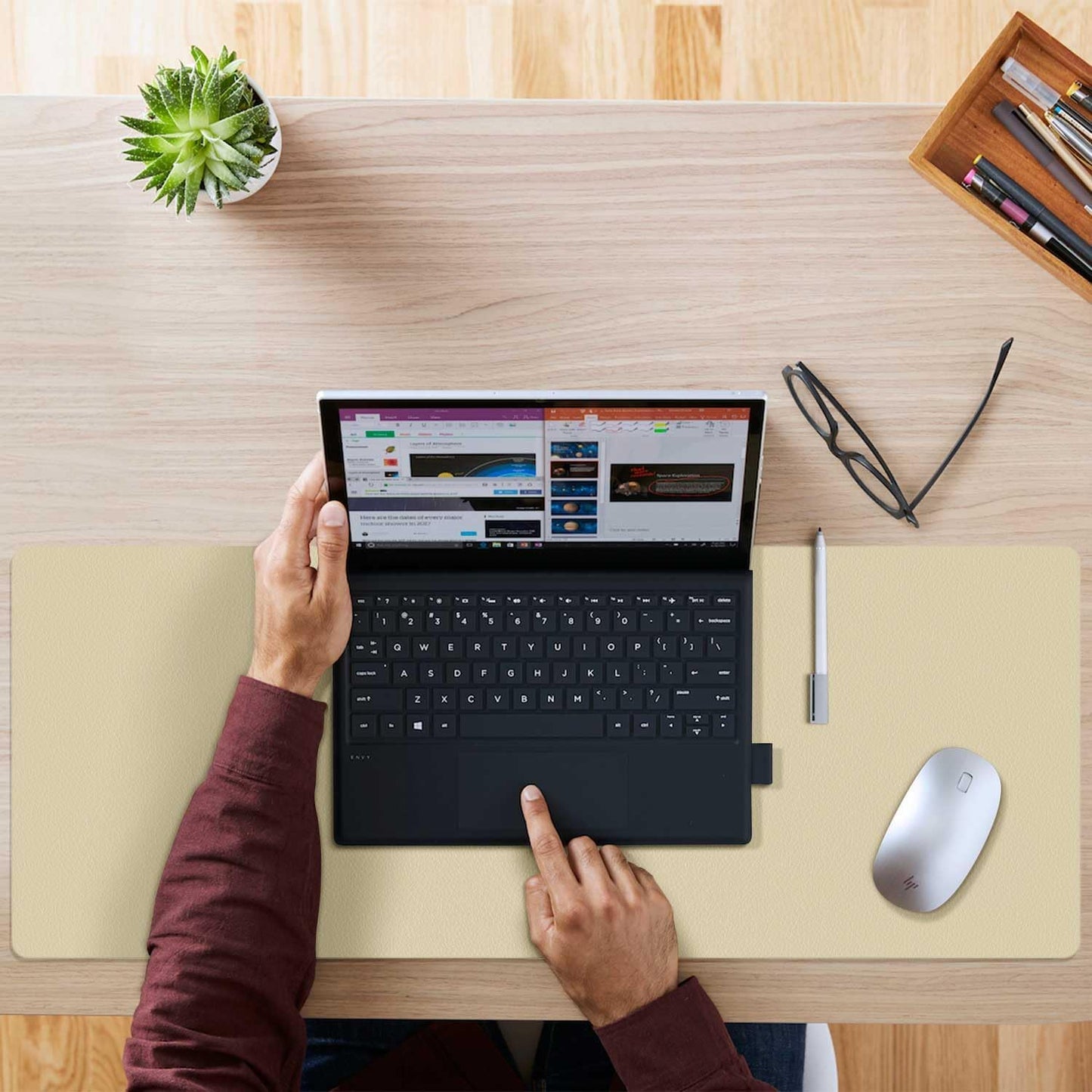 Aothia Double-Sided PU Leather Desk Pad - Non-Slip Large Mouse Pad & Desk Mat for Office, Home - Waterproof, Easy to Clean, Durable Dual-Sided Surface (Sand Beige, 23.6" x 13.7")