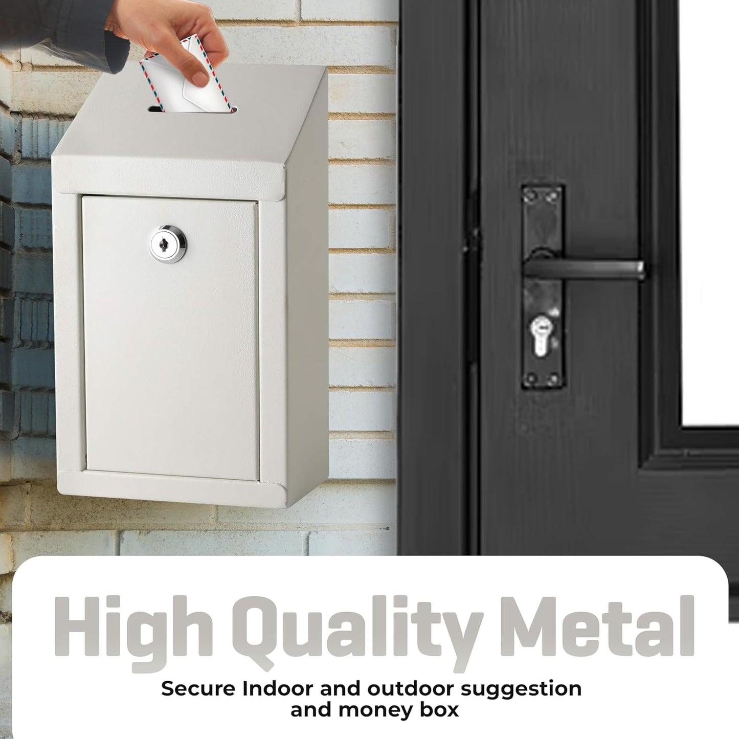 Metal Donation Box-Suggestion Box with Slot and lock-Cash Lock box for Money-Secure Drop Box-Comment and ballot voting box-comes with pre-drilled holes for easy wall mounting 10 X 6 X 2.5"(Off White)