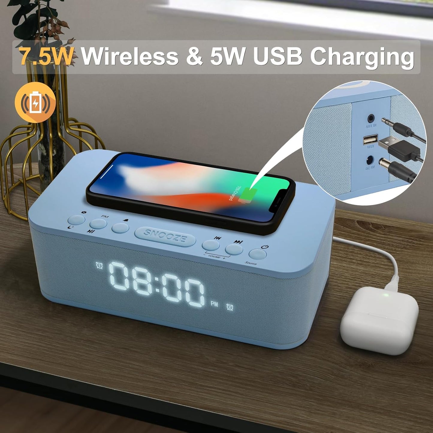 Alarm Clocks Large Snooze Button, Digital Clock USB Charger Port, Bluetooth Speaker Alarm Clock Bedroom AUX USB Bluetooth Speaker Wireless Charging 12/24H Dual Alarms Snooze Dimmer Sleep Timer, Blue