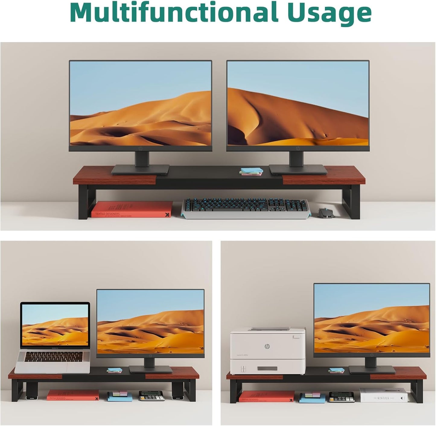 Dual Monitor Stand Riser, 39Inch Large Monitor Stands for 2 Monitors, Computer Monitor Stand, Wooden Desktop Oraganizer Shelf for Office Desk Computer,Laptop,TV