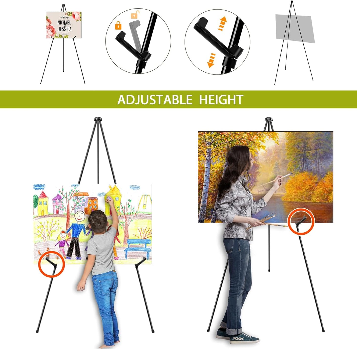 AROIC 63" Easel Stand for Display, 3 Pack Portable Foldable Metal Easel, Easels for Signs Wedding Logos,Arts, Painting,Adjustable Floor Easels with 3 Storage Bag