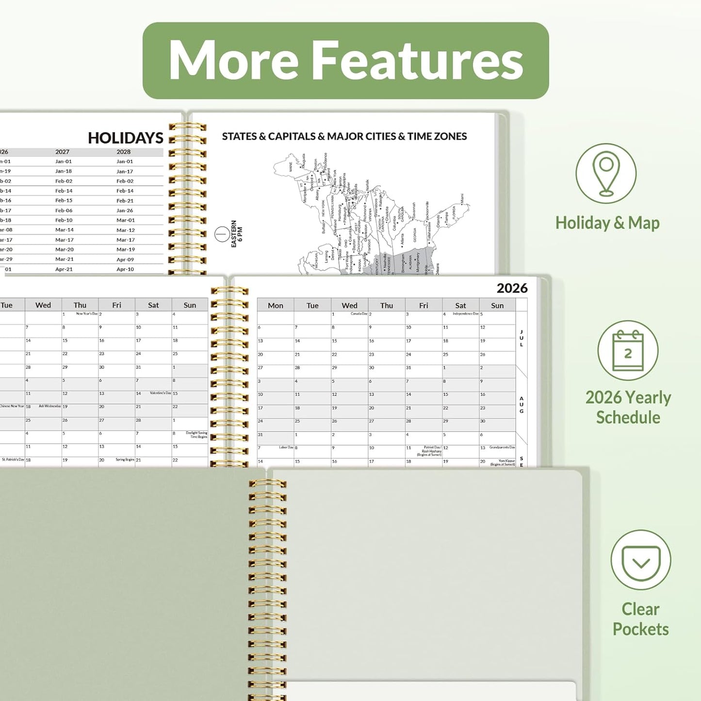 SUNEE 2026 Weekly and Monthly Planner - from January 2026 - December 2026, 6.4" x 8.3" Daily Agenda Planner with Monthly Tab, Flexible Cover, Note Pages, Pockets, Bookmark, Spiral Binding, Greenery