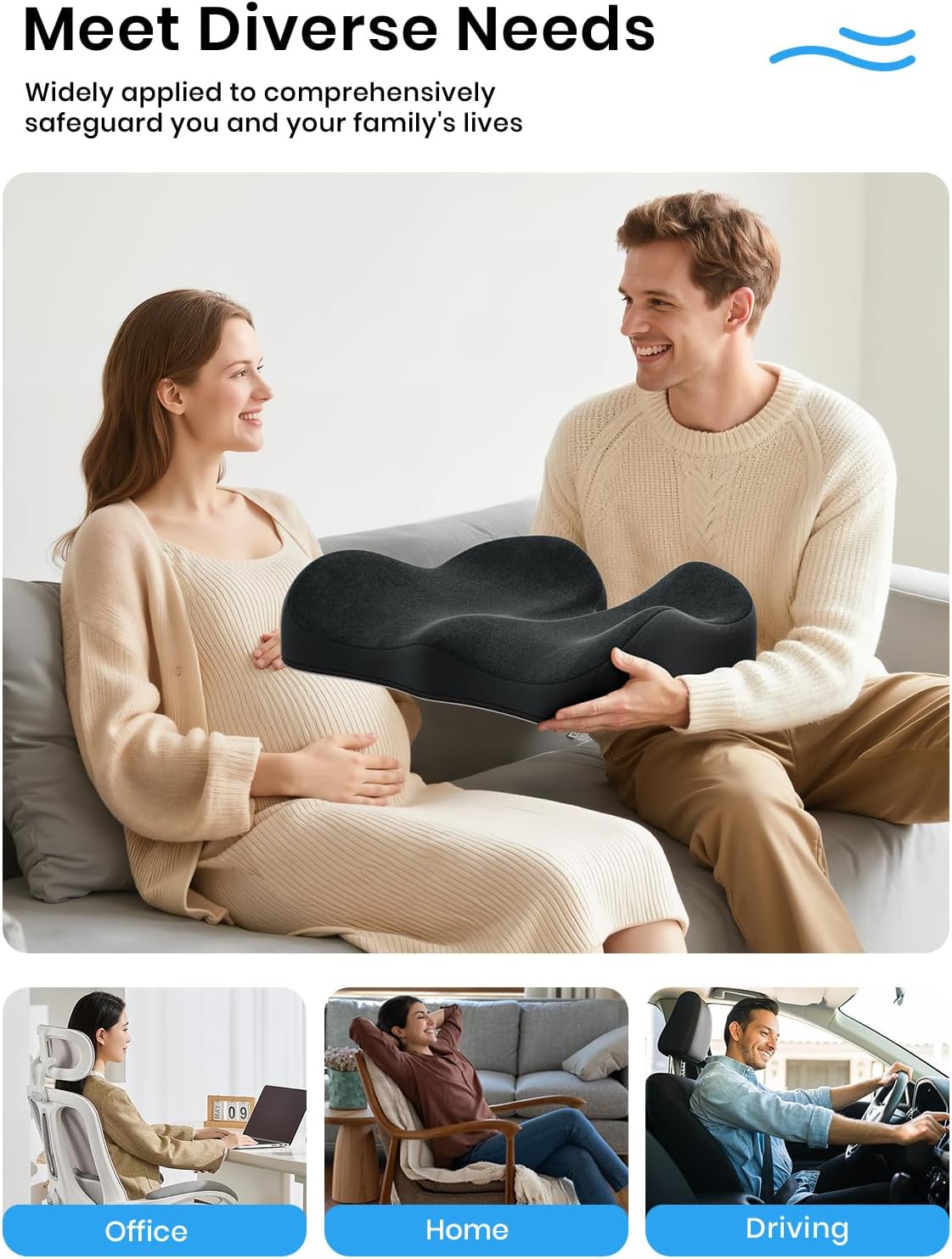 Benazcap Seat Cushion - Memory Foam Office Chair Cushion Seat Pad - Sciatica & Lower Back Pain Relief - Car Seat Cushions for Driving Seat Cushions