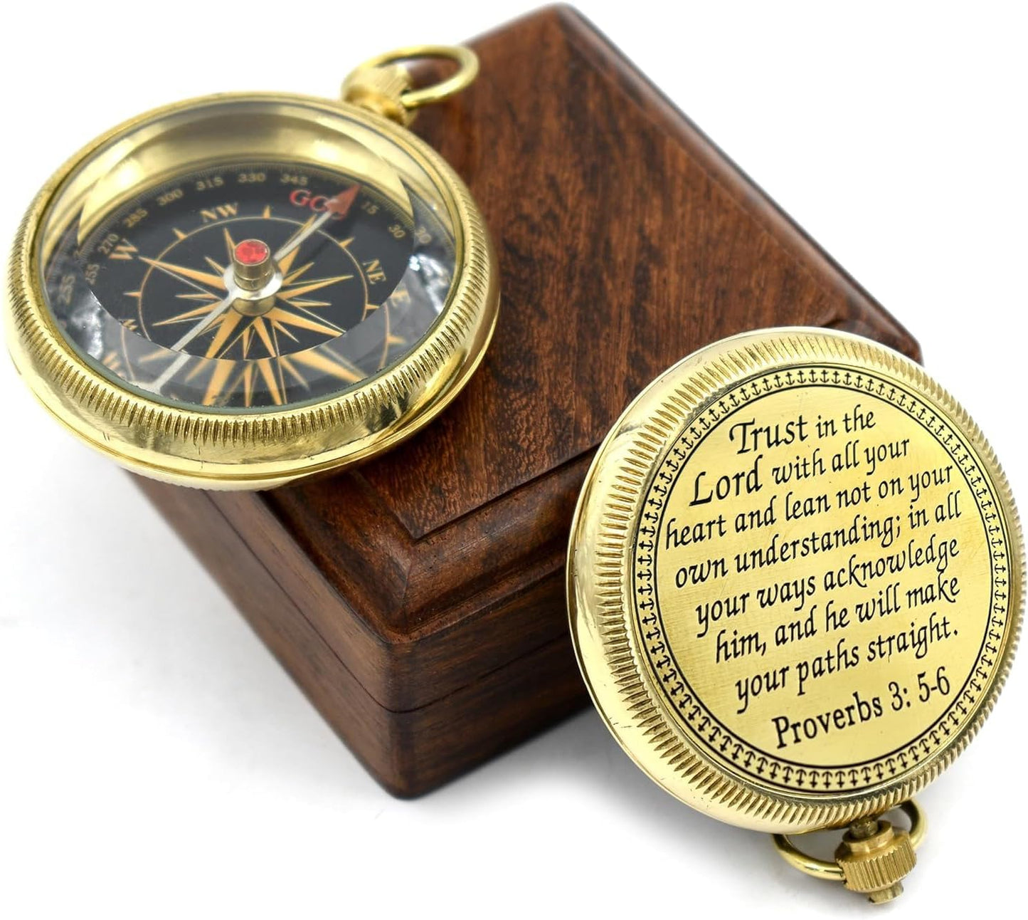 Trust in The Lord With All Your Heart - Proverbs 3:5-6 Quote Engraved Compass With Wooden Box, Greeting Card, Gift Compass, Graduation Day Gifts 2024 for Women Men Boys Girls