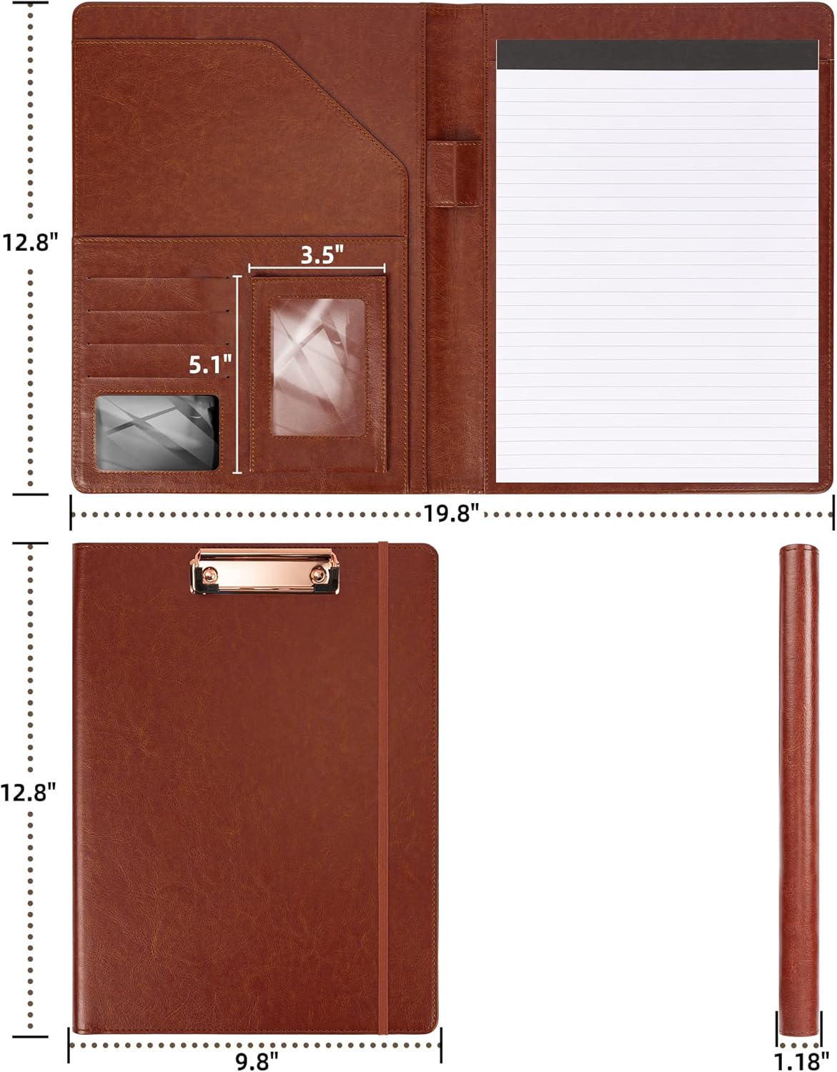 Brown Leather Portfolio Organizer Clipboard Storage Folio Padfolio for Men Notepad Notebooks for Work
