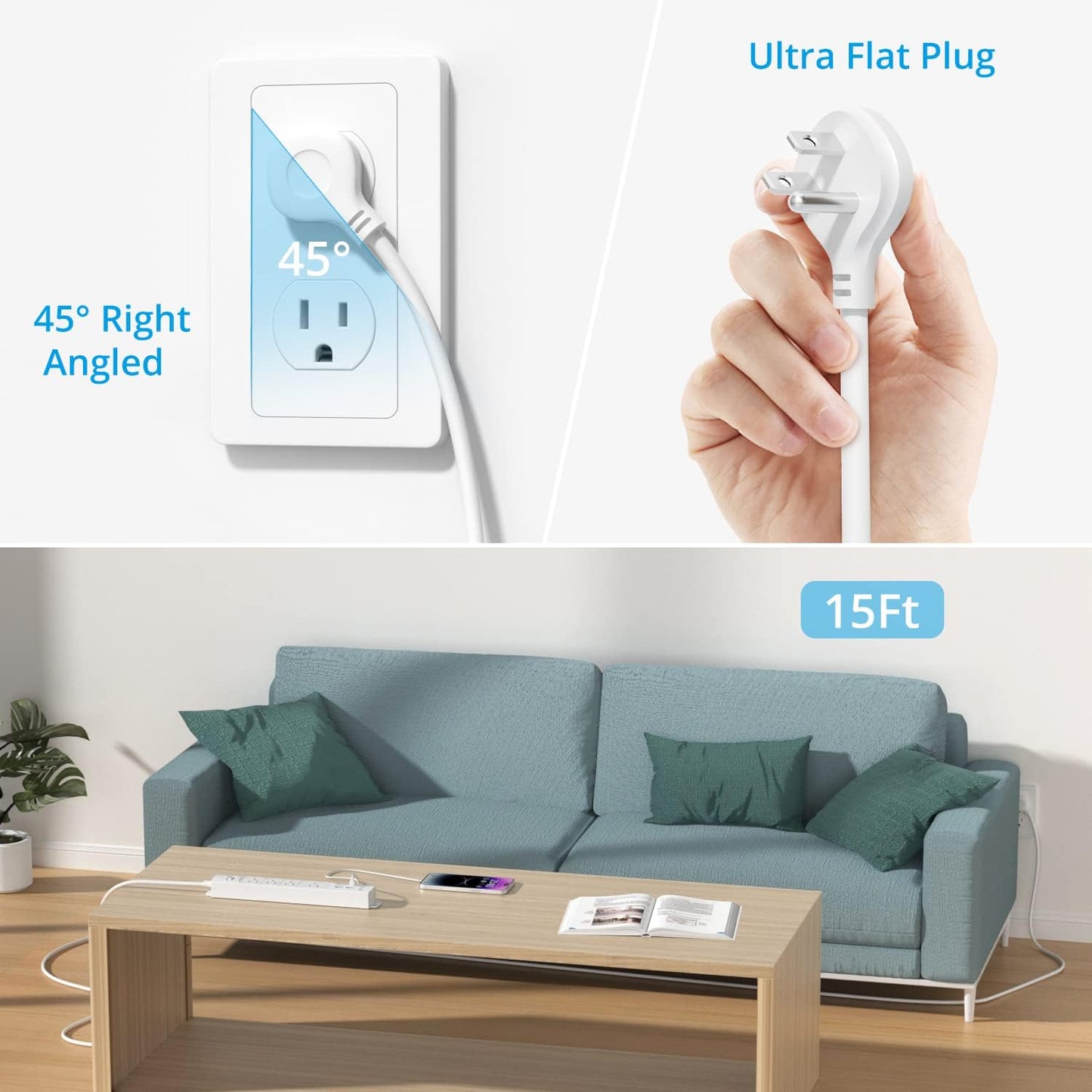 TROND Surge Protector Power Strip with USB, Ultra Thin Flat Plug 15ft Long Extension Cord 1625W, 3 USB A & 1 Type C, 4 AC Outlets 1440J Surge Protection for Wall Mount for Home Office Dorm Room, White